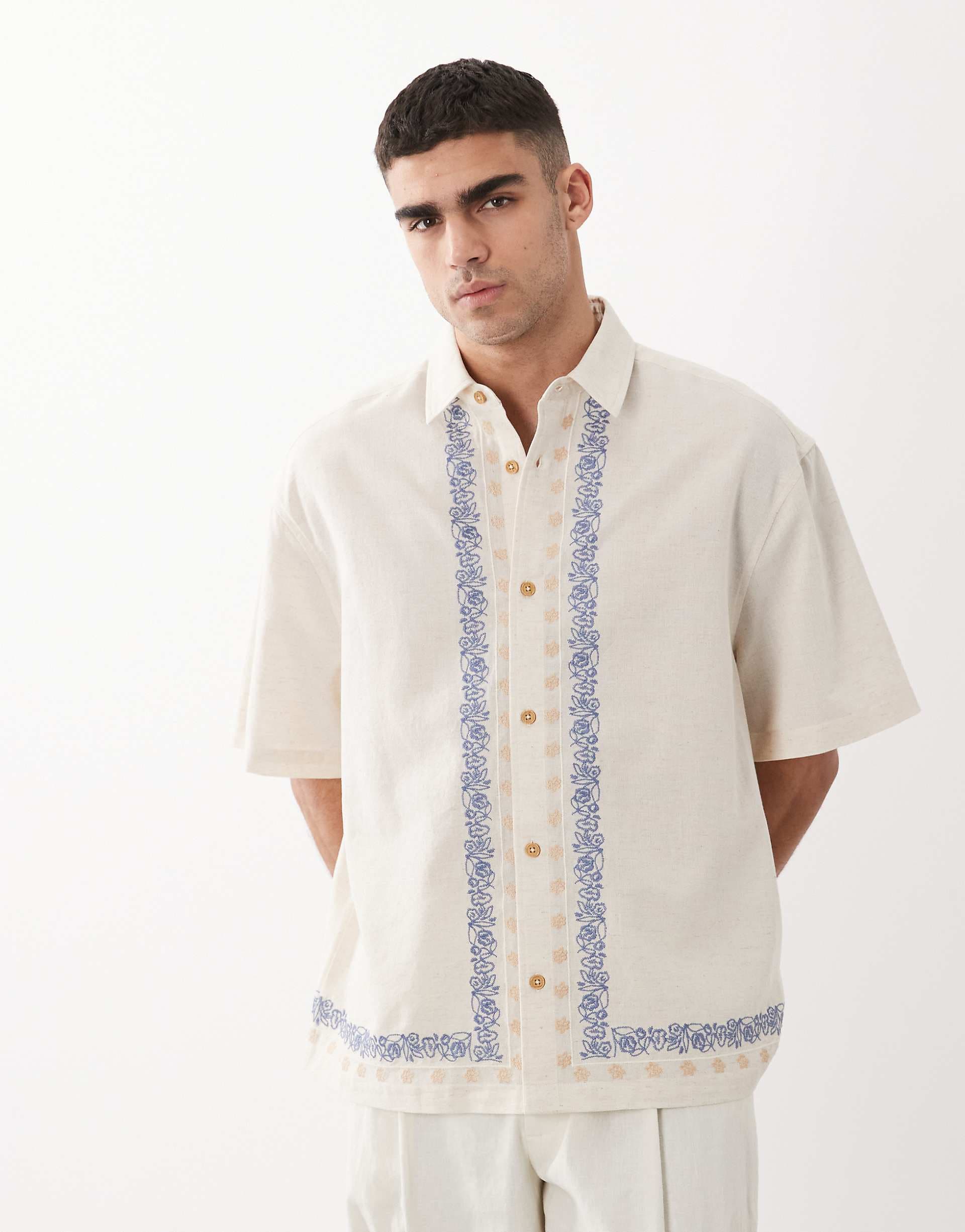 ASOS DESIGN oversized shirt with linen and border embroidery in stone