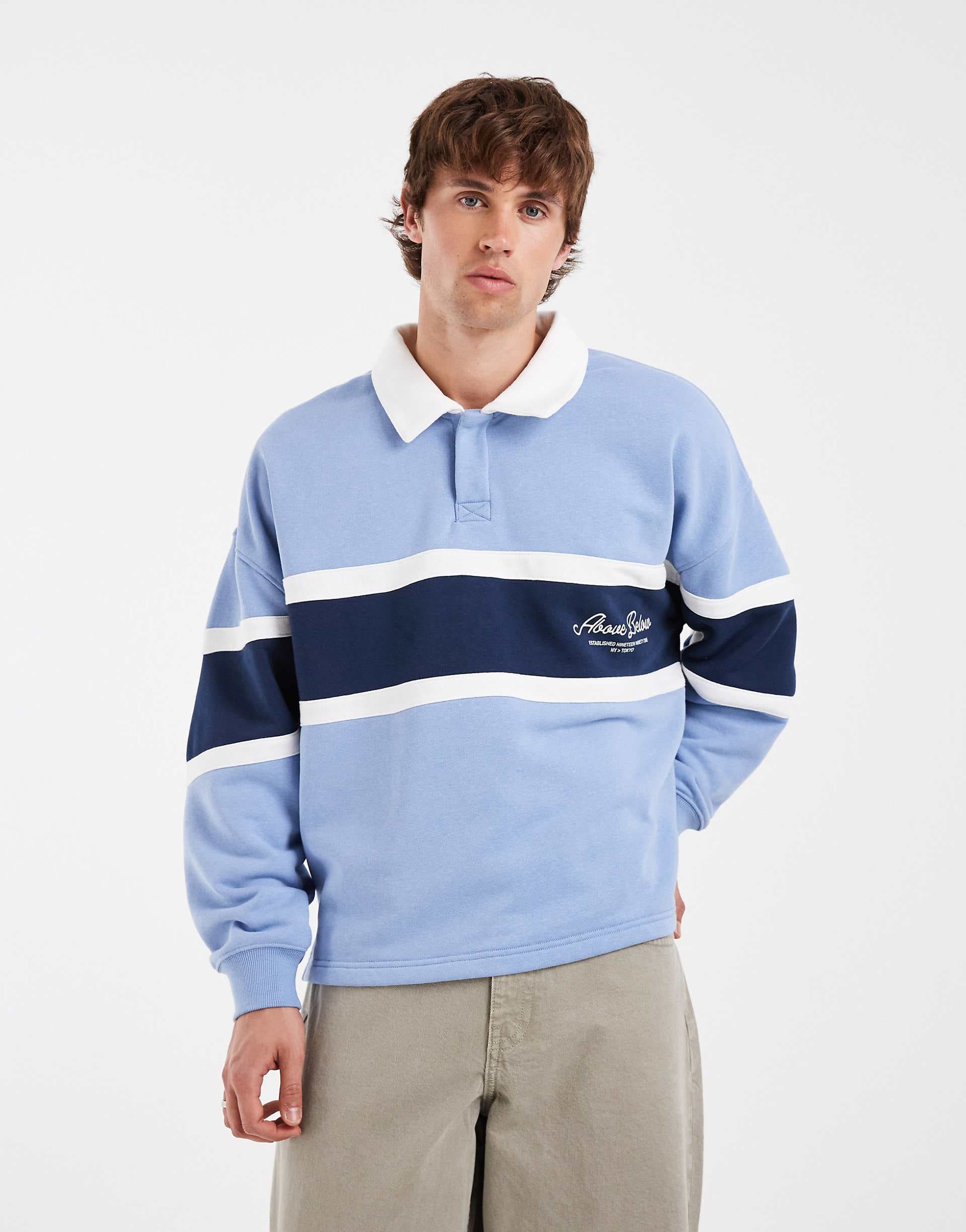 Cotton On graphic rugby polo in riviera blue