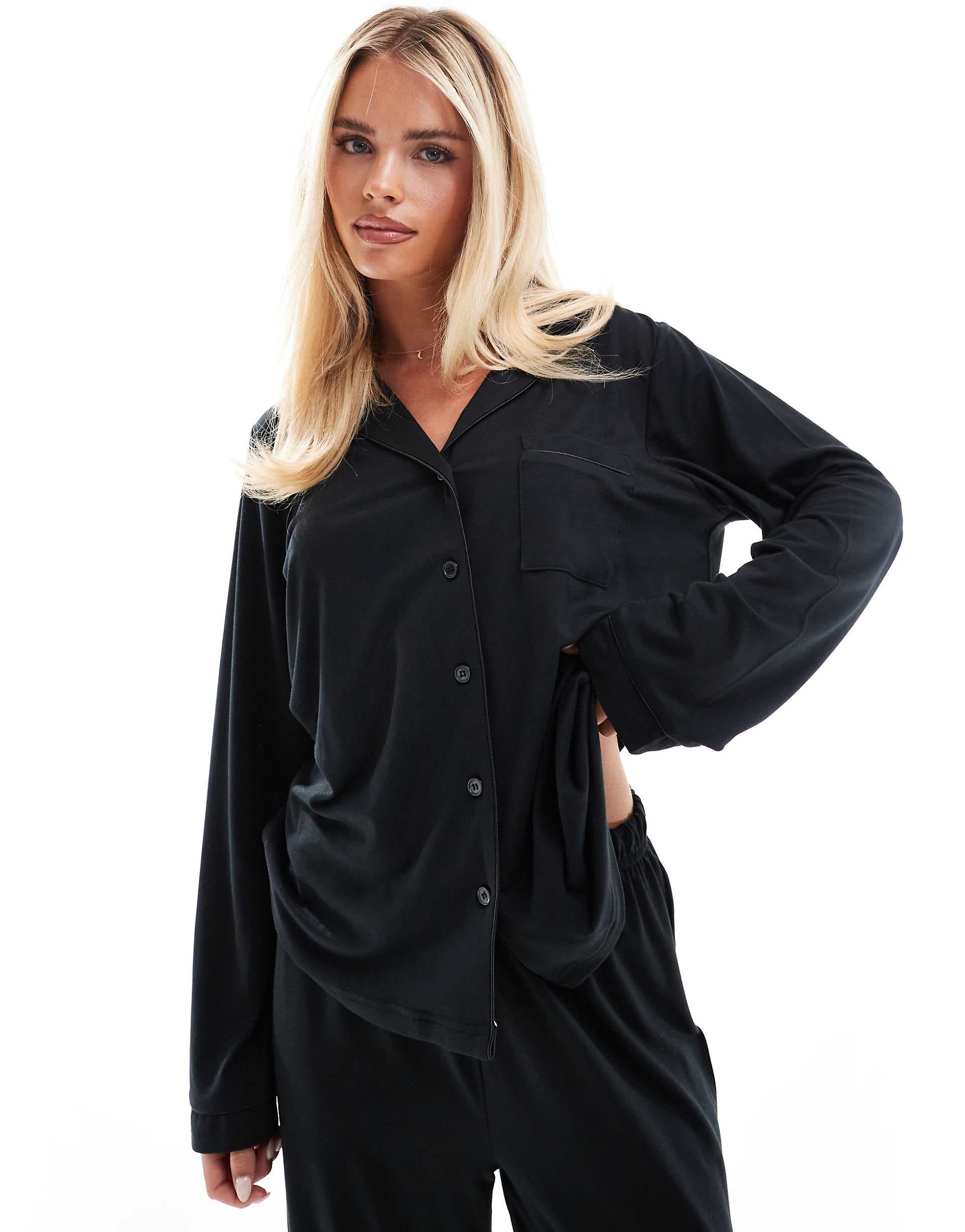 Loungeable Petite super soft jersey revere top and wide leg pajama set with piping detail in black
