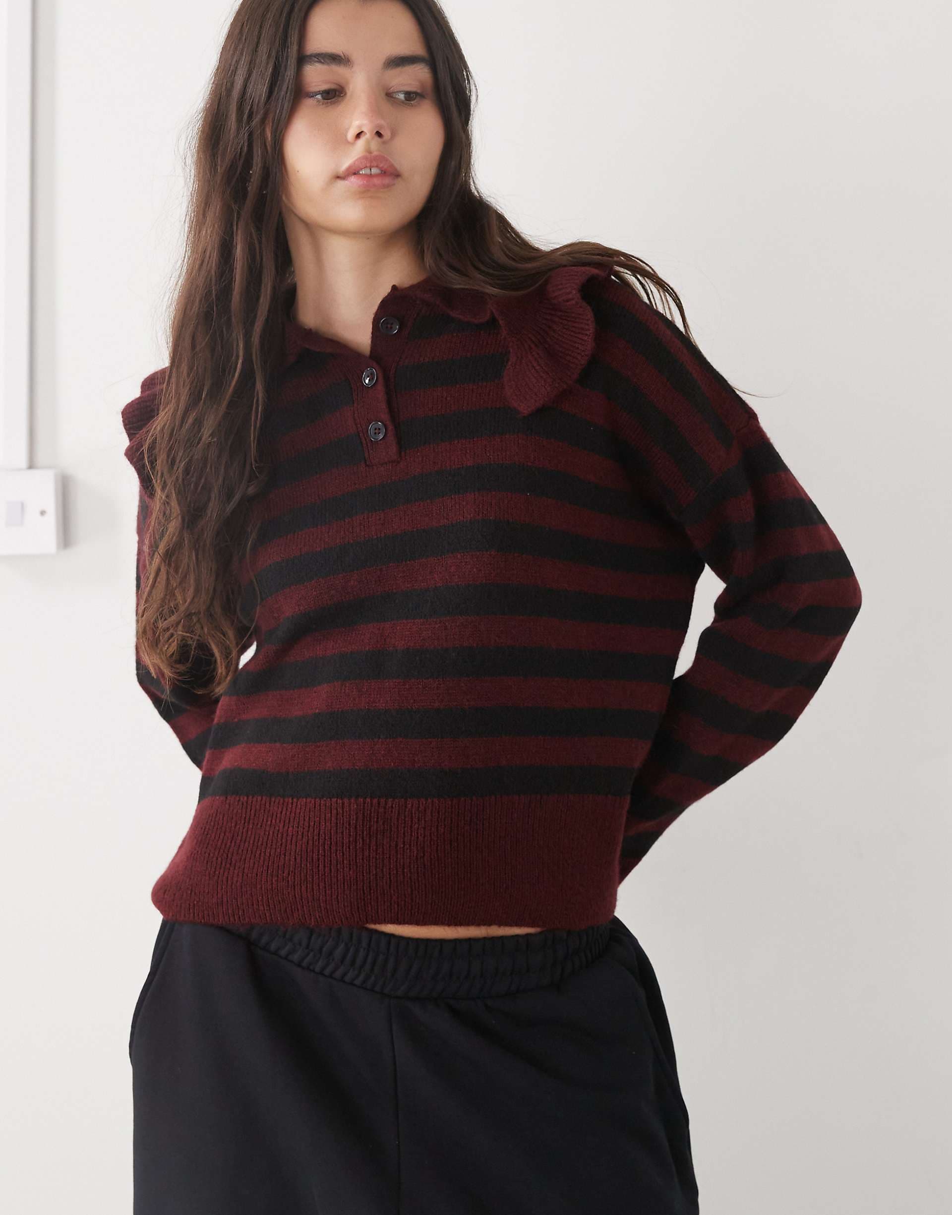 Noisy May Henley knit sweater with Peter Pan collar in burgundy stripe