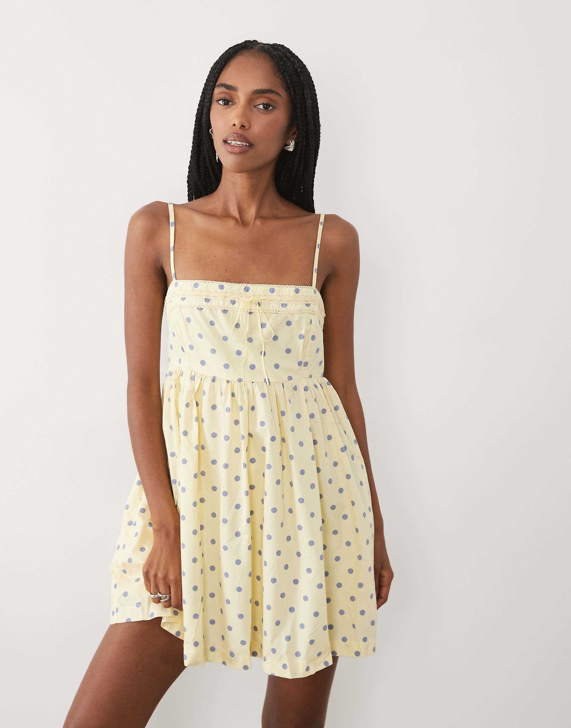 Abercrombie & Fitch strappy square neck babydoll mini dress in yellow polka dot