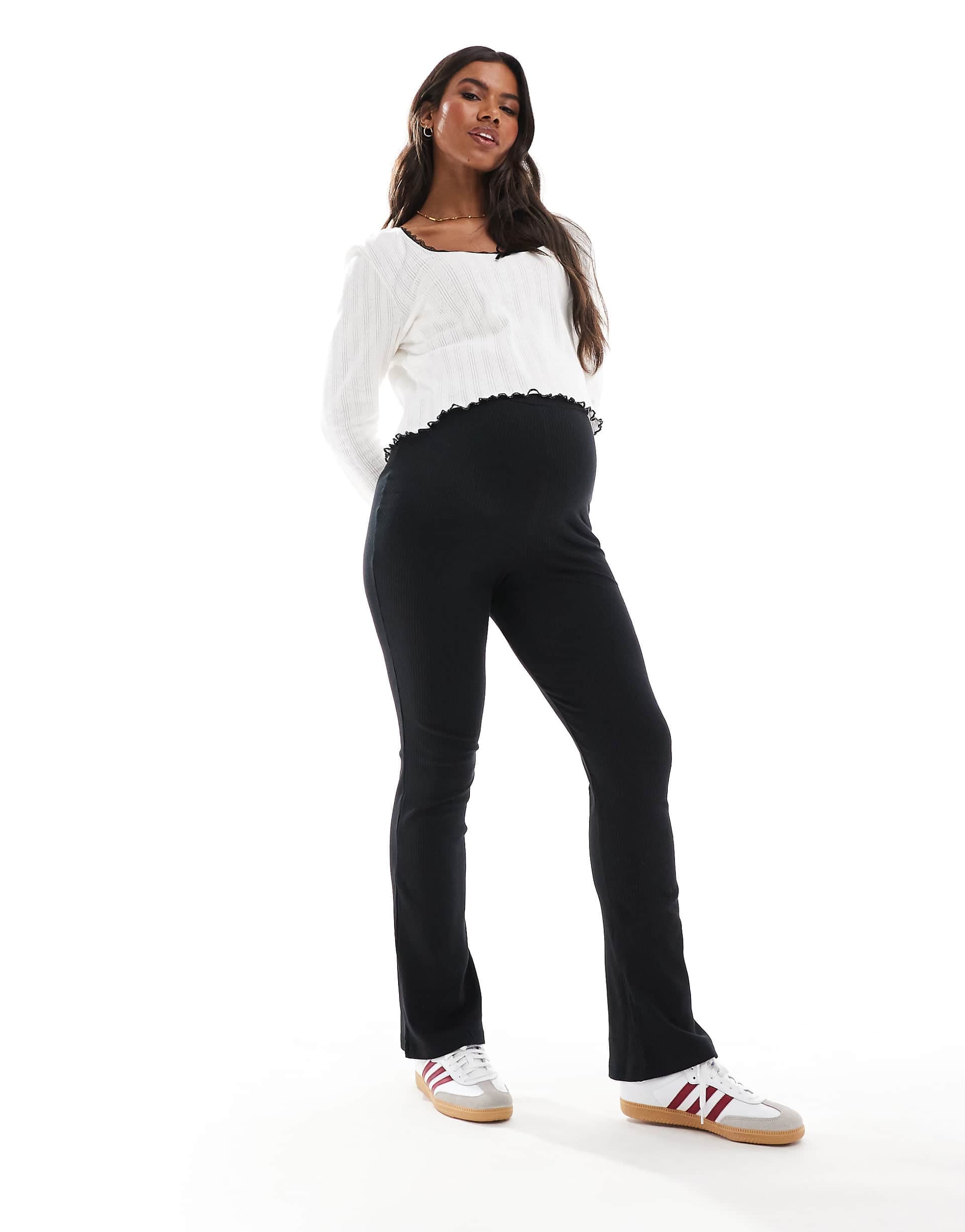 Vero Moda Maternity over the bump ribbed flared leggings in black