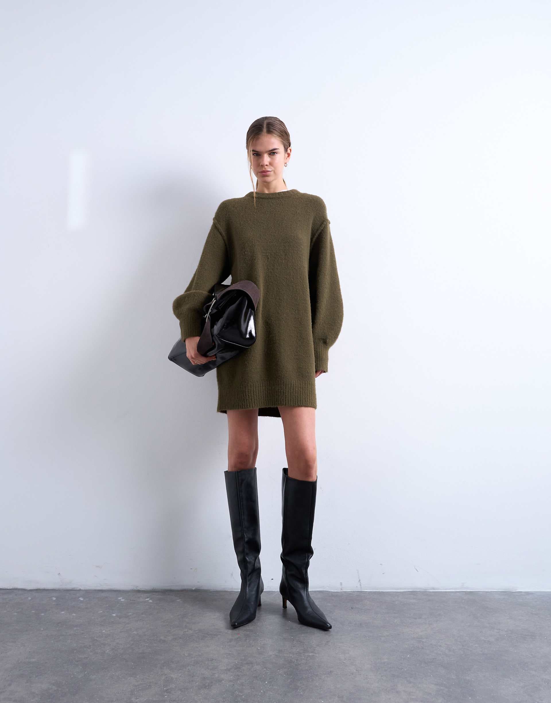 Topshop fluffy knit crew neck mini dress in khaki green