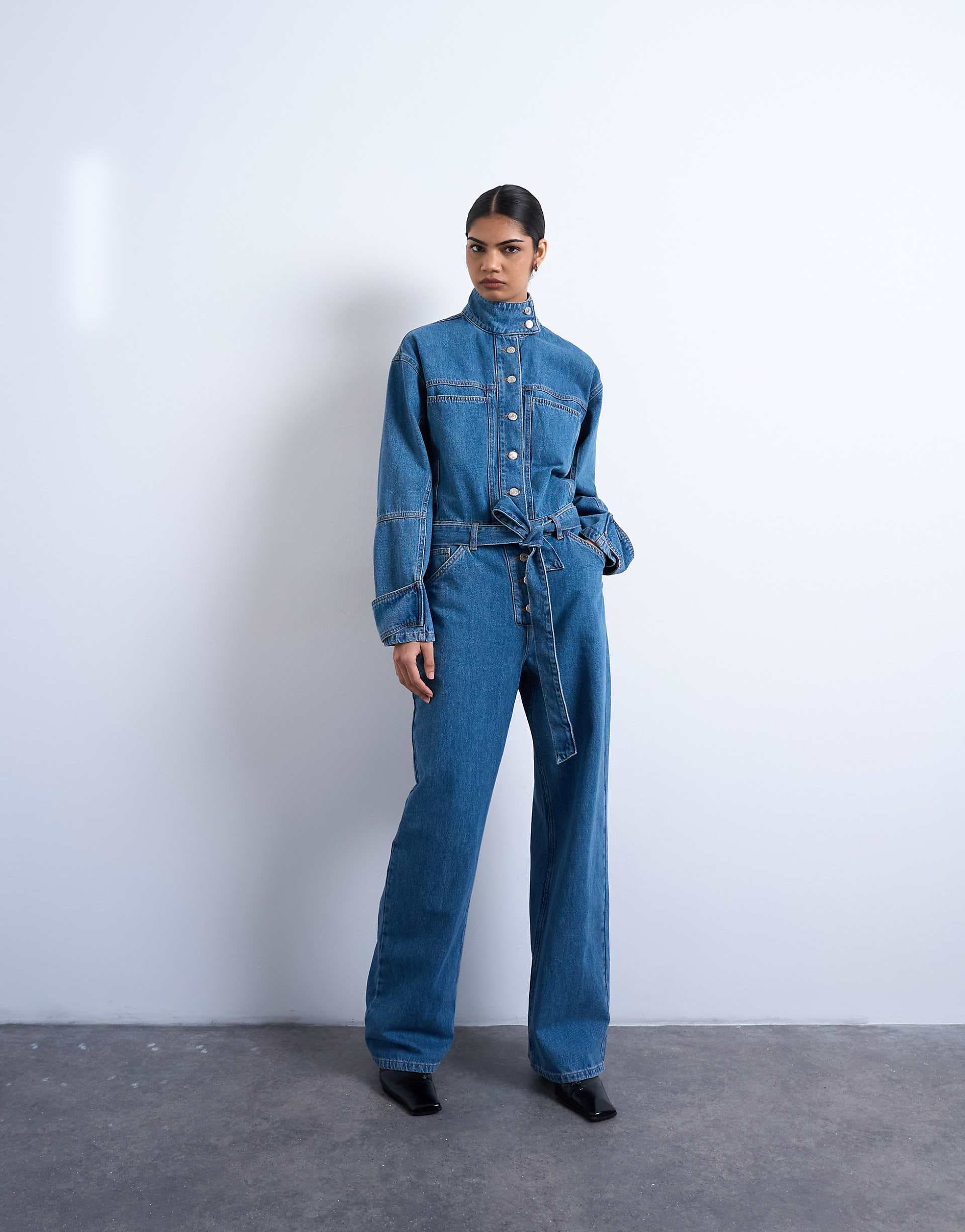 Topshop denim funnel neck belted jumpsuit in mid blue