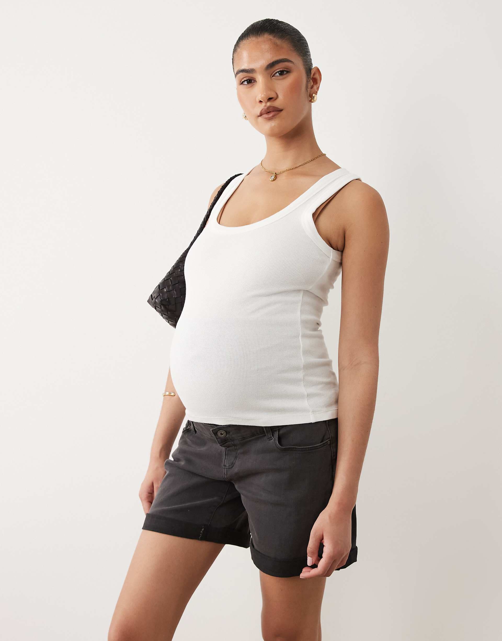 Mamalicious Maternity over the bump wide leg longline denim shorts in black
