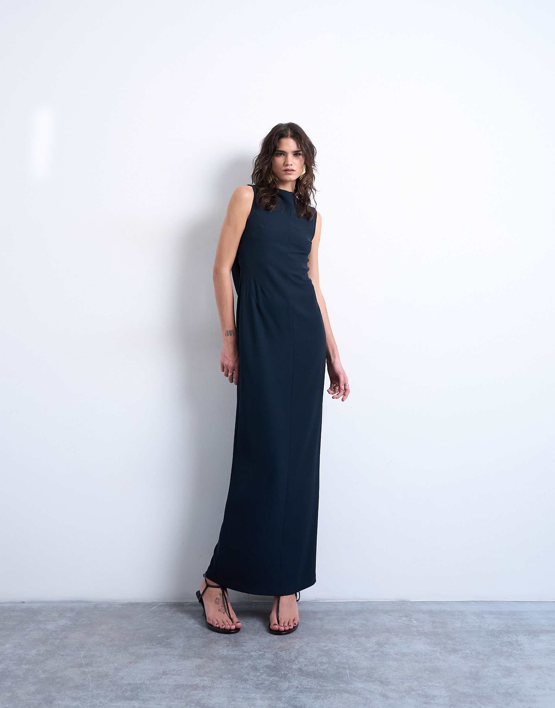 Topshop slash neck drape back maxi dress in navy