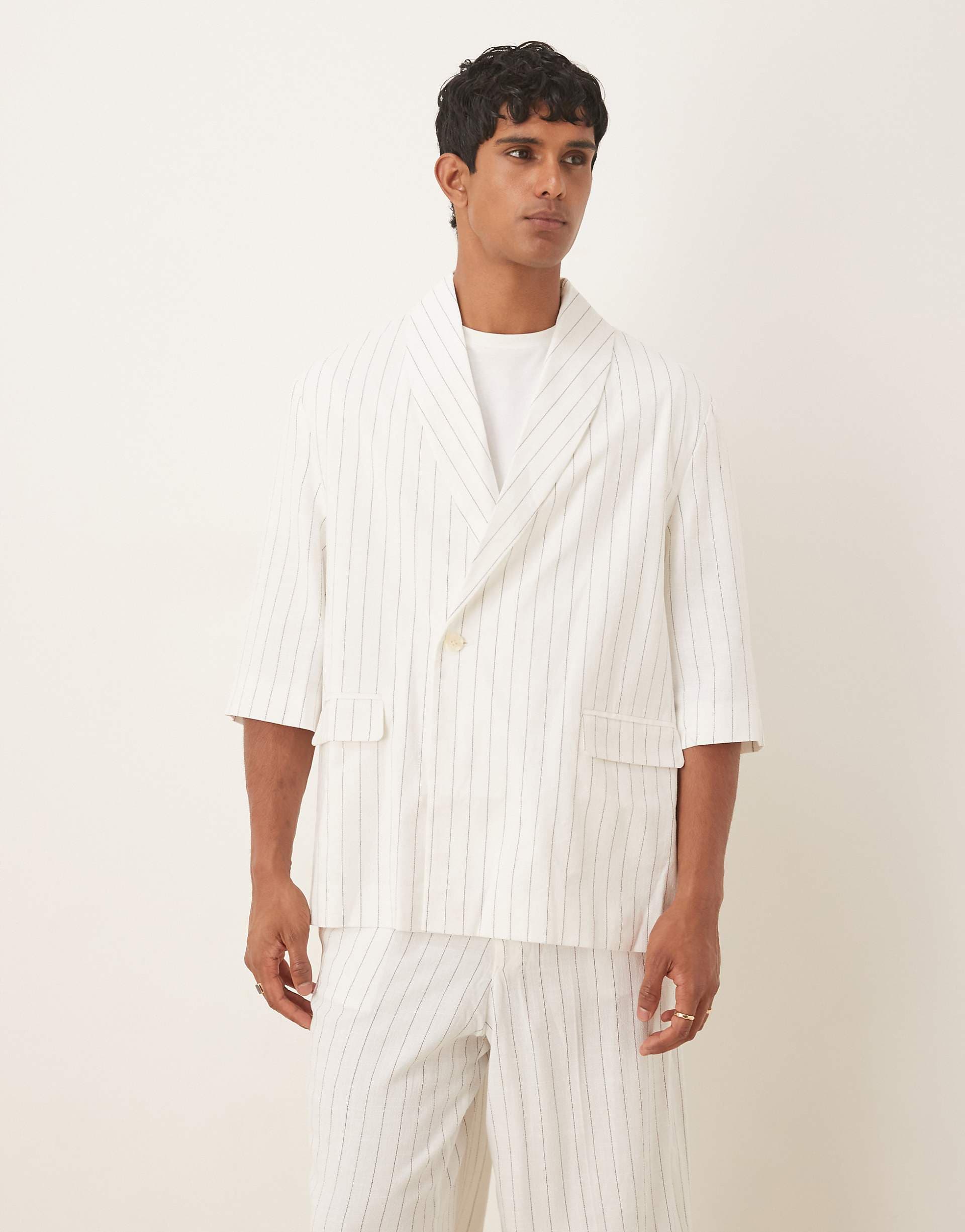 ASOS DESIGN linen mix slouchy oversized suit jacket in white pinstripe