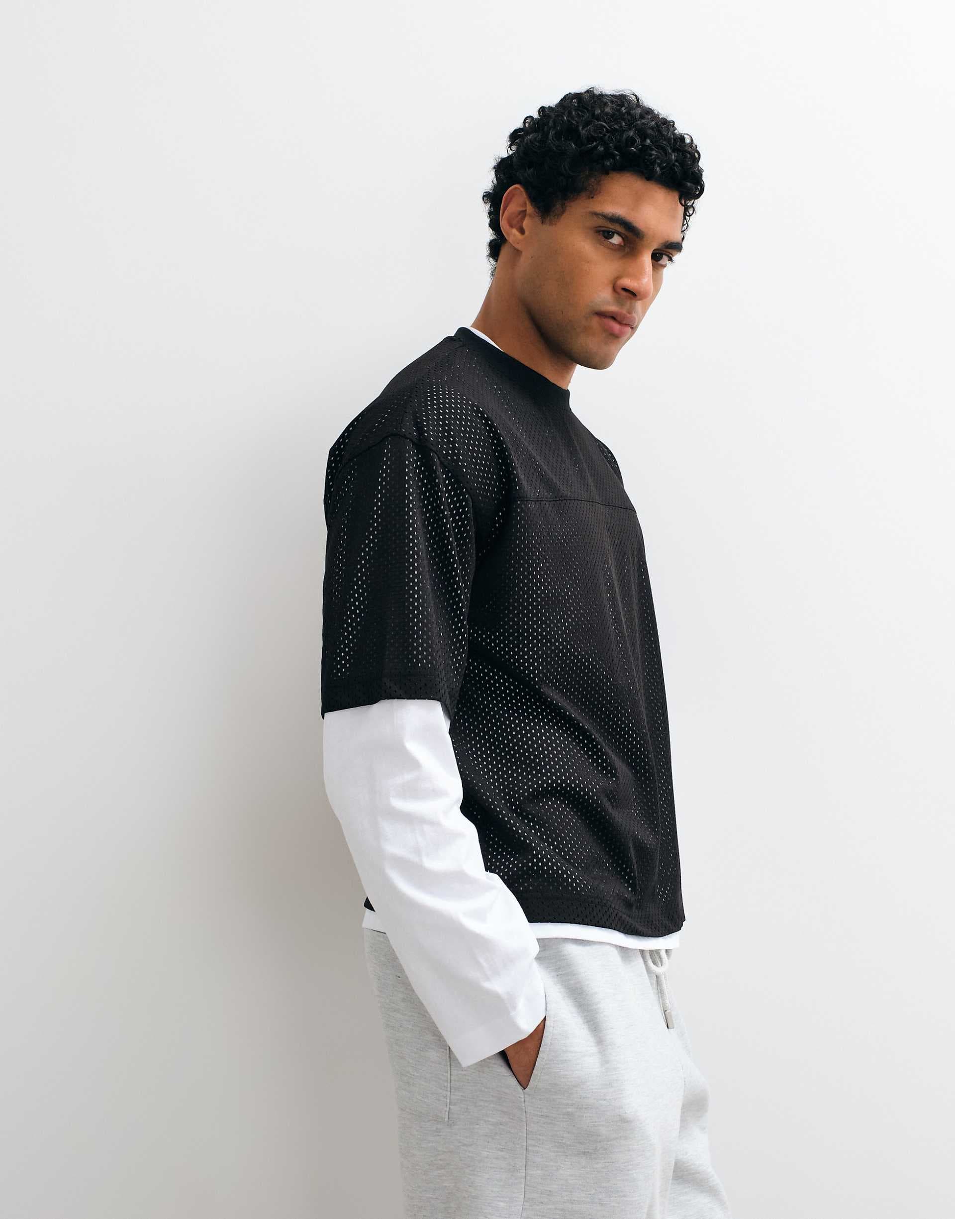 ASOS DESIGN boxy oversized T-shirt with double layer in white and black sports mesh