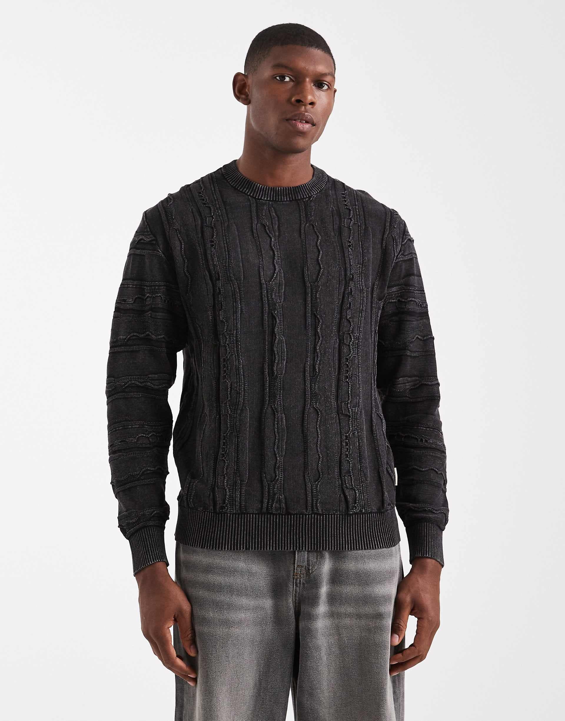 Redefined Rebel boxy knit cable sweater in black
