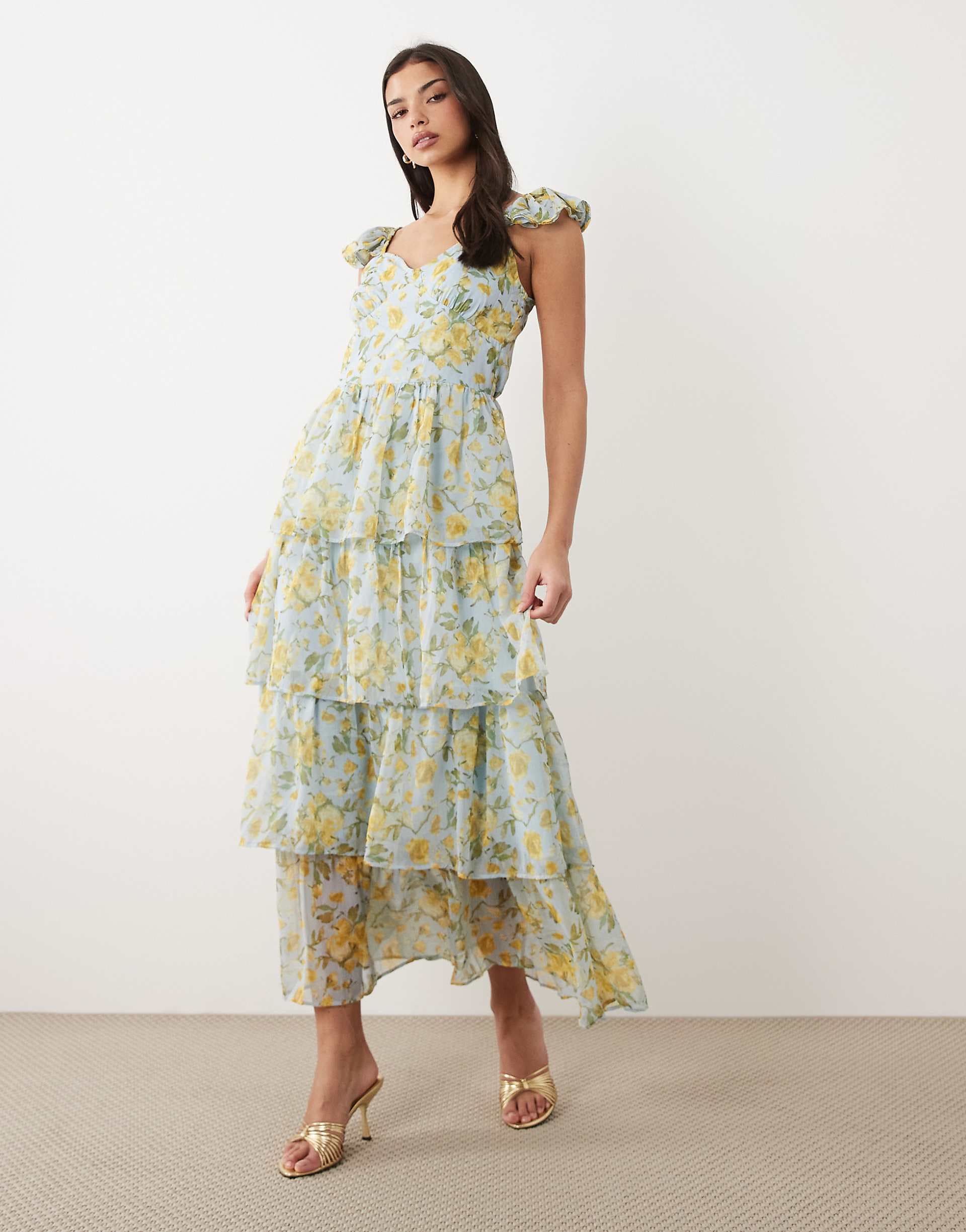 YAS flutter sleeve tiered chiffon maxi dress in soft floral print