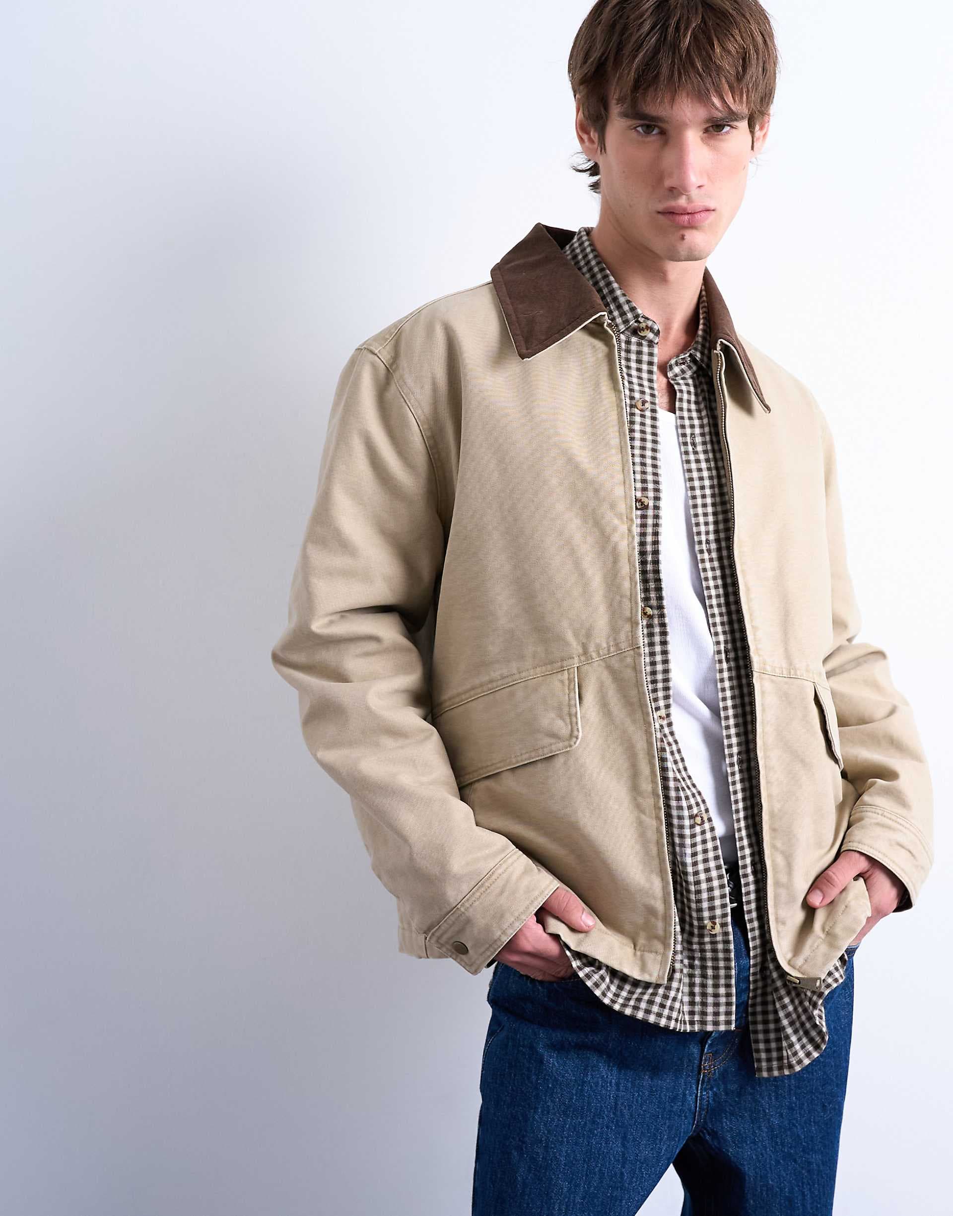 Topman padded canvas jacket in washed stone