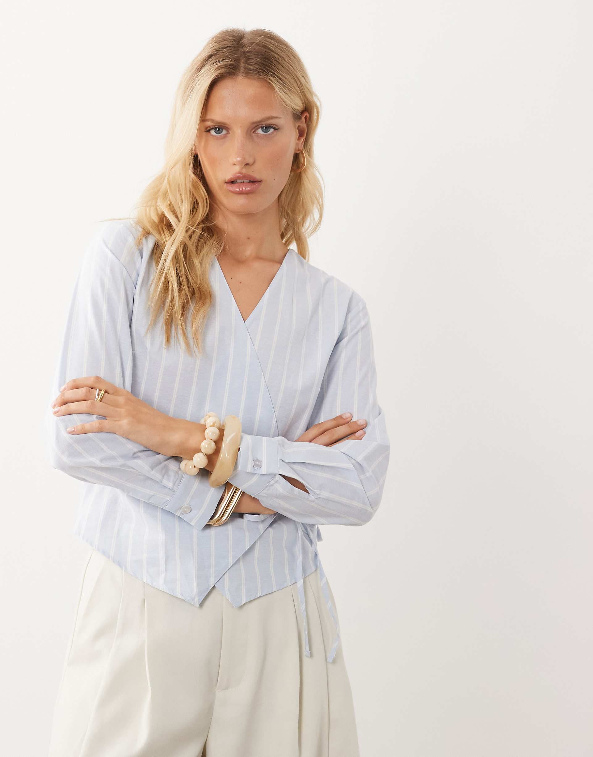 Mango Teen tie waist shirt in blue stripes