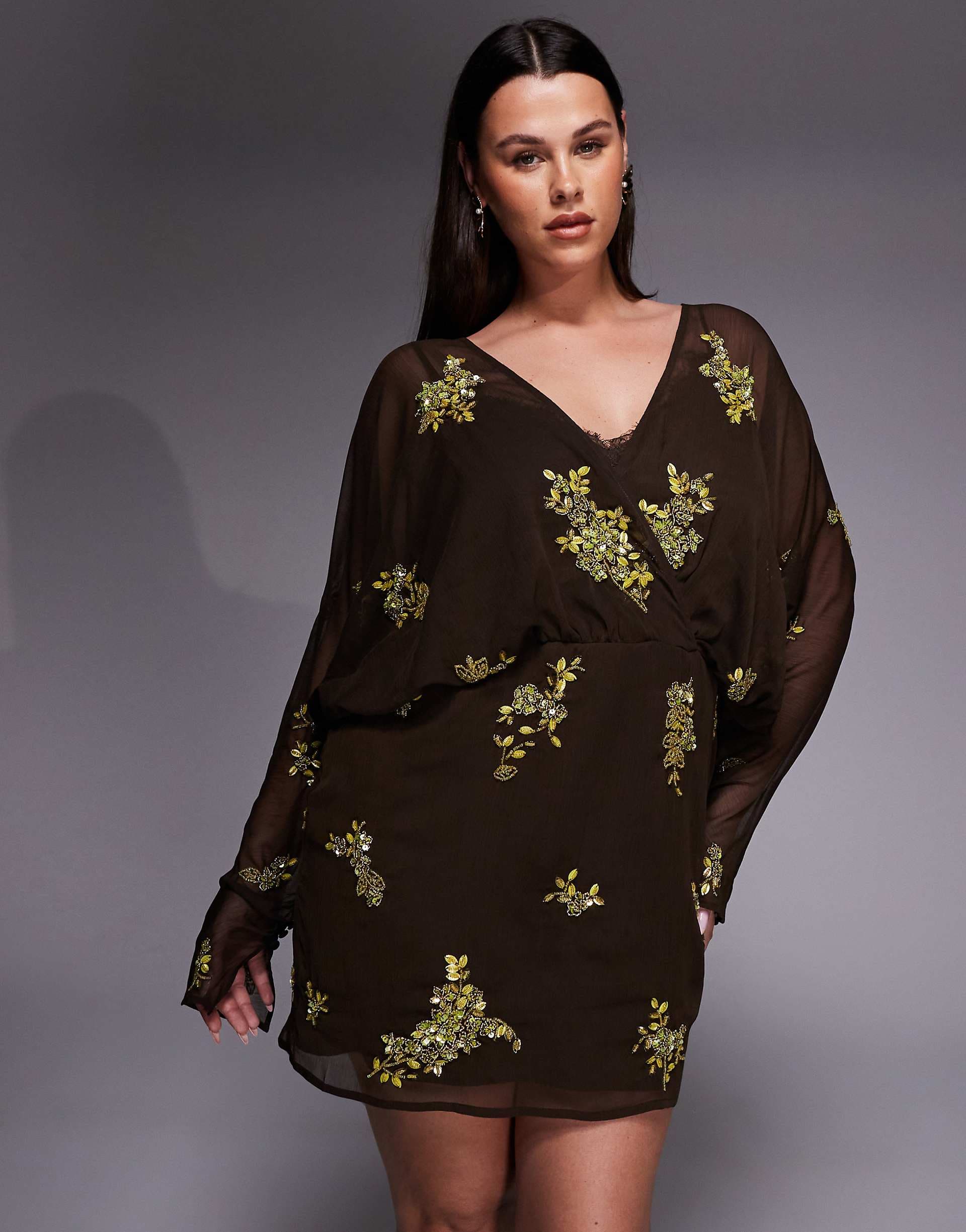 ASOS DESIGN Curve batwing sleeves embellished slouchy mini dress with lace cami underlay in chocolate and lime