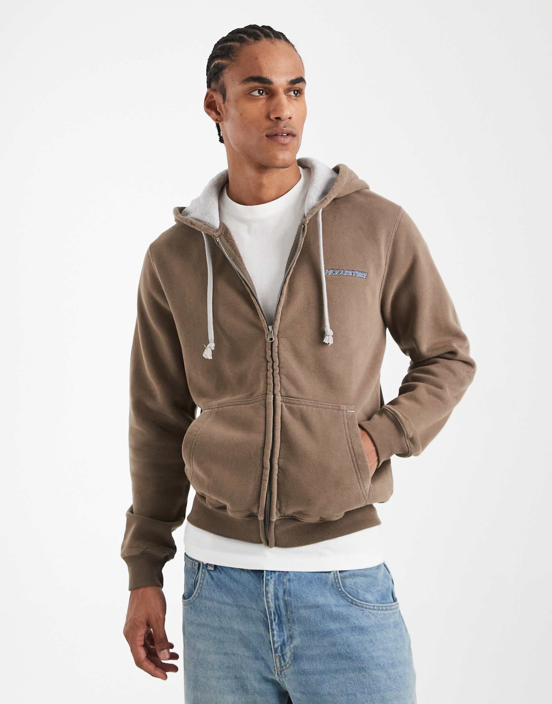 Hollister zip up hoodie with logo detail in washed brown