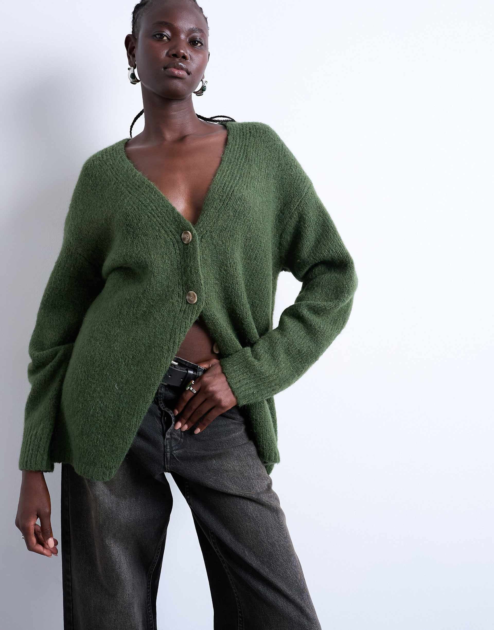 Topshop easy oversized boyfriend fit longline knit cardigan in khaki green