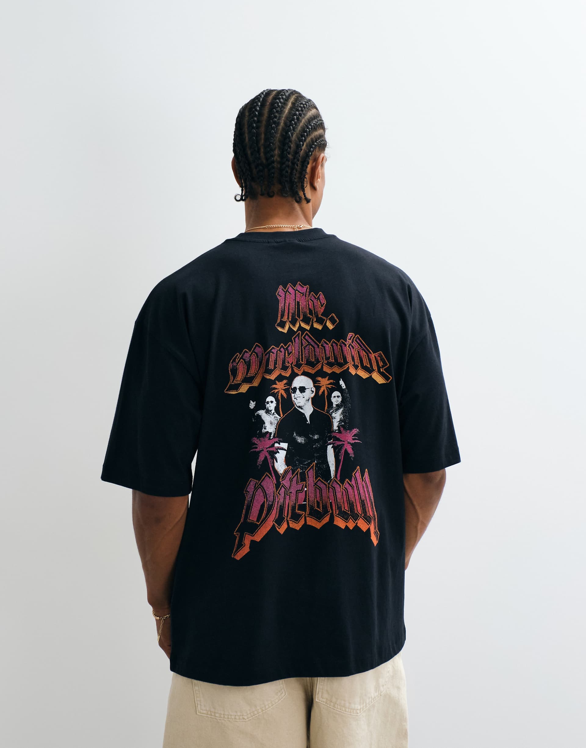 ASOS DESIGN oversized t-shirt with Pitbull Mr. Worldwide print in black