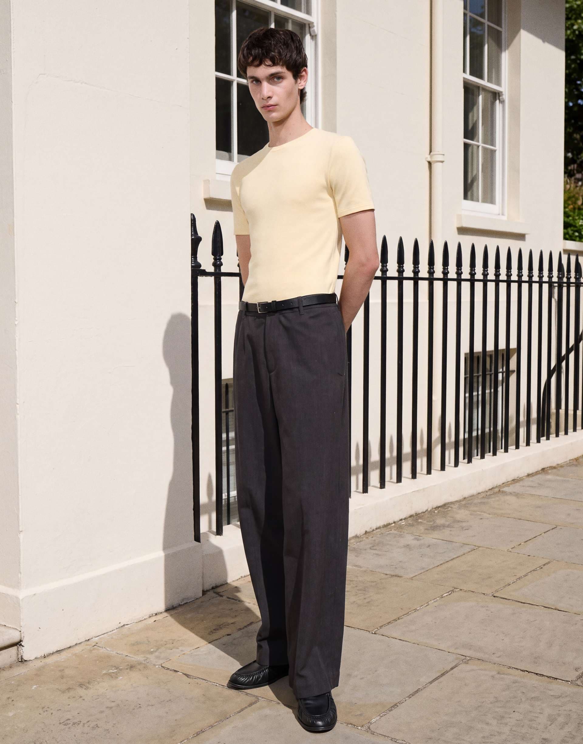 Weekday tailored pants with front pleats in heathered off black