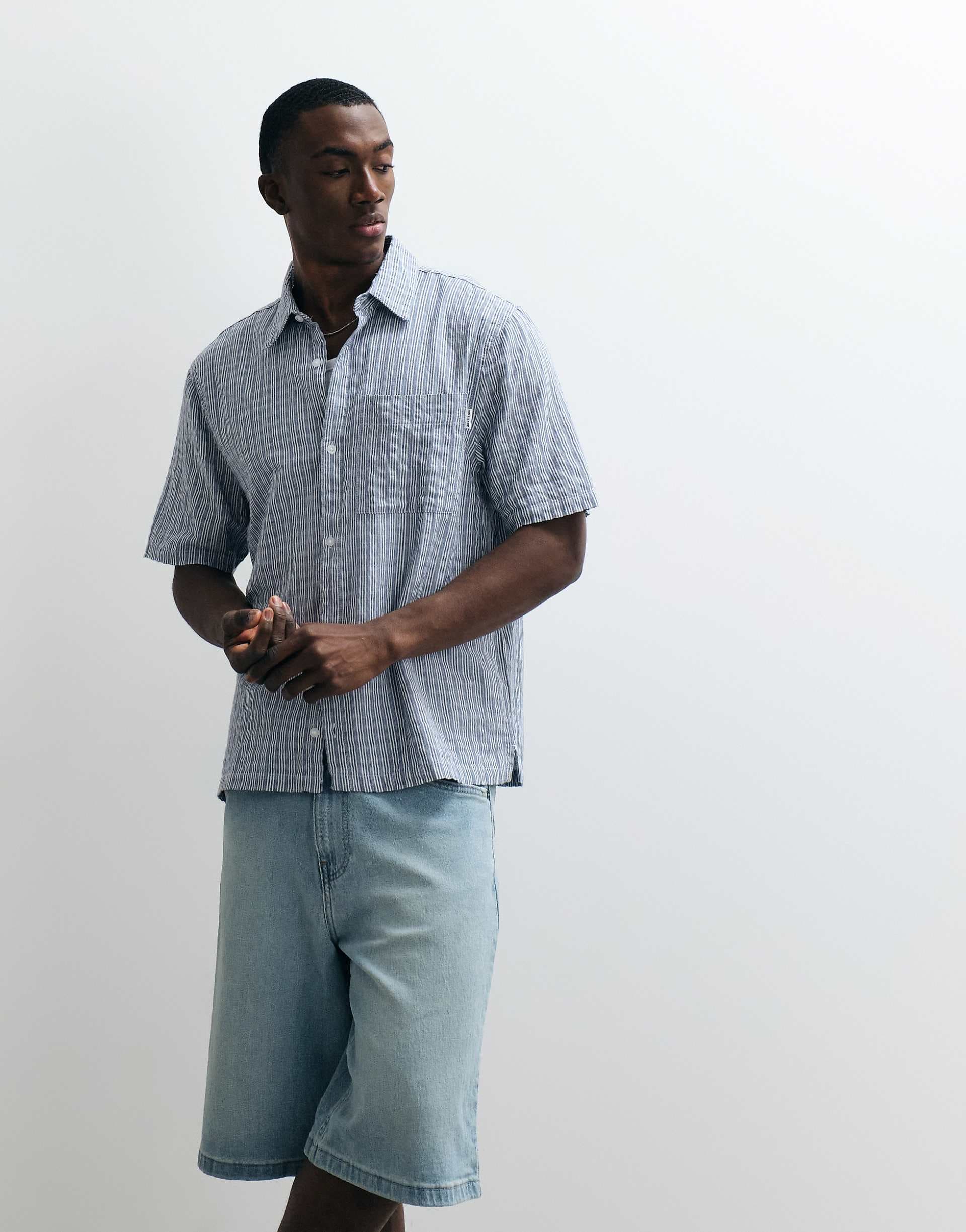 Hollister boxy cropped short sleeve shirt in taupe stripes