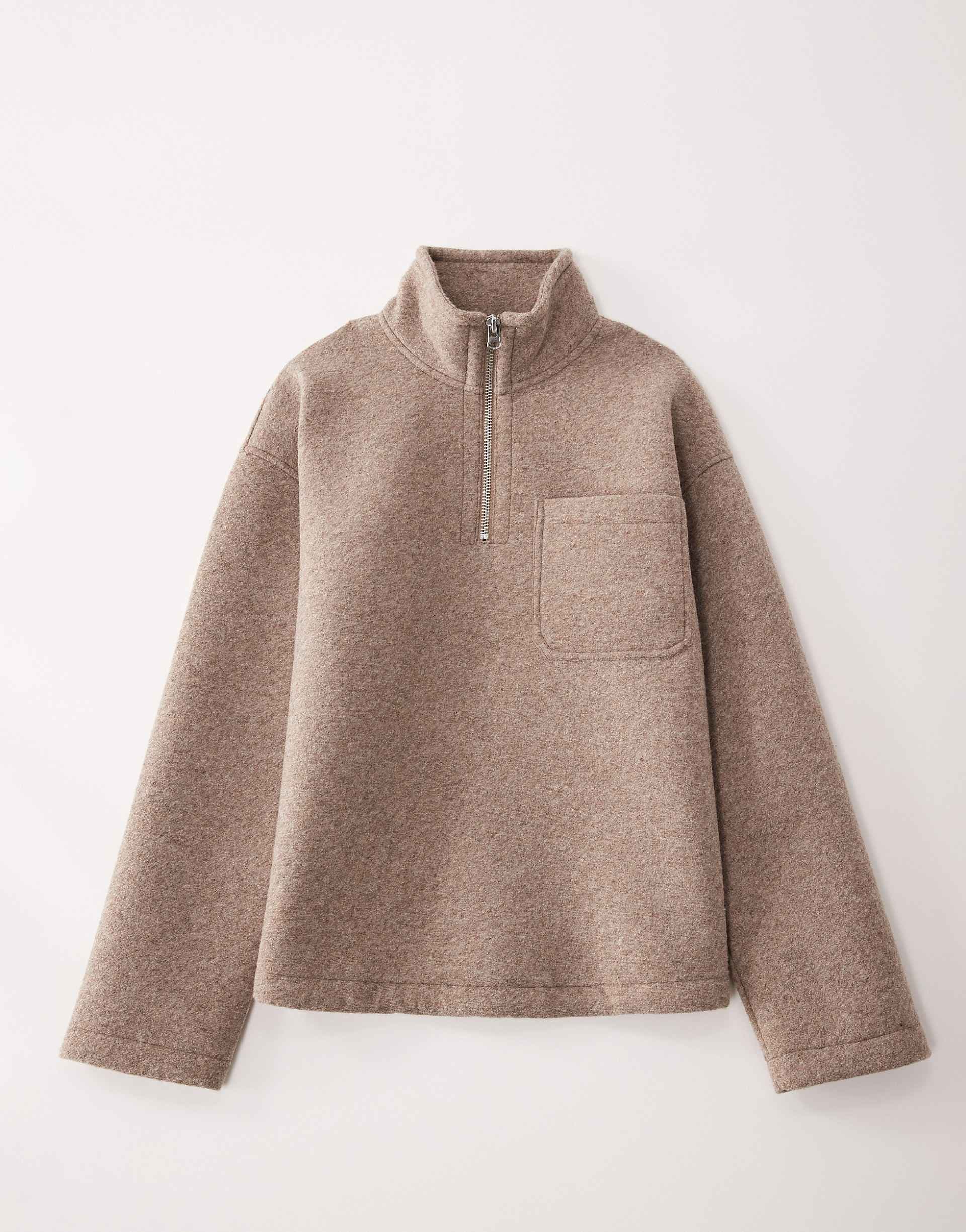 ASOS COLLECTIVE AC-T-2573 signature fit super heavyweight scuba-style fabric quarter zip funnel in light brown