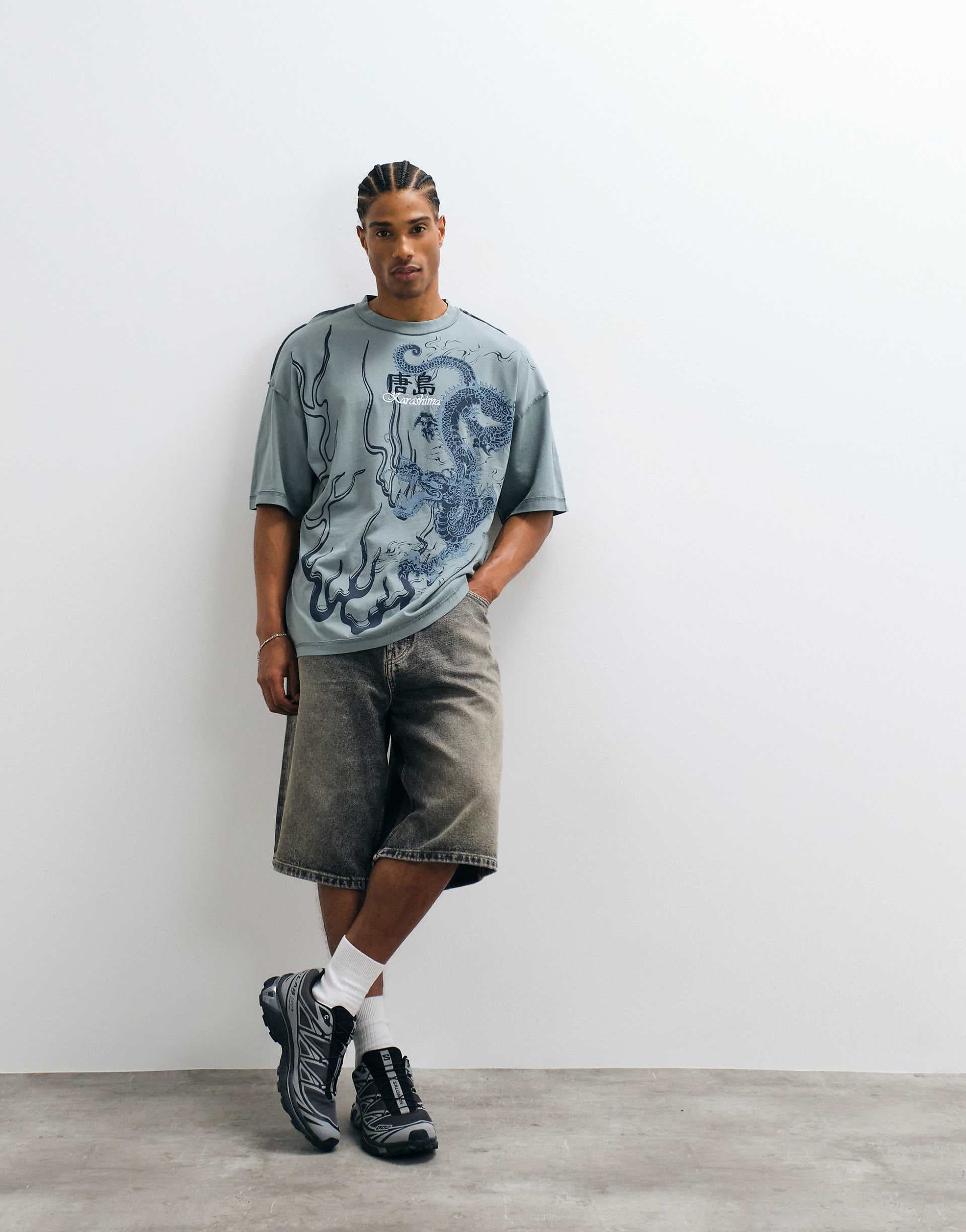 River Island oversized washed Japanese graphic T-shirt in blue