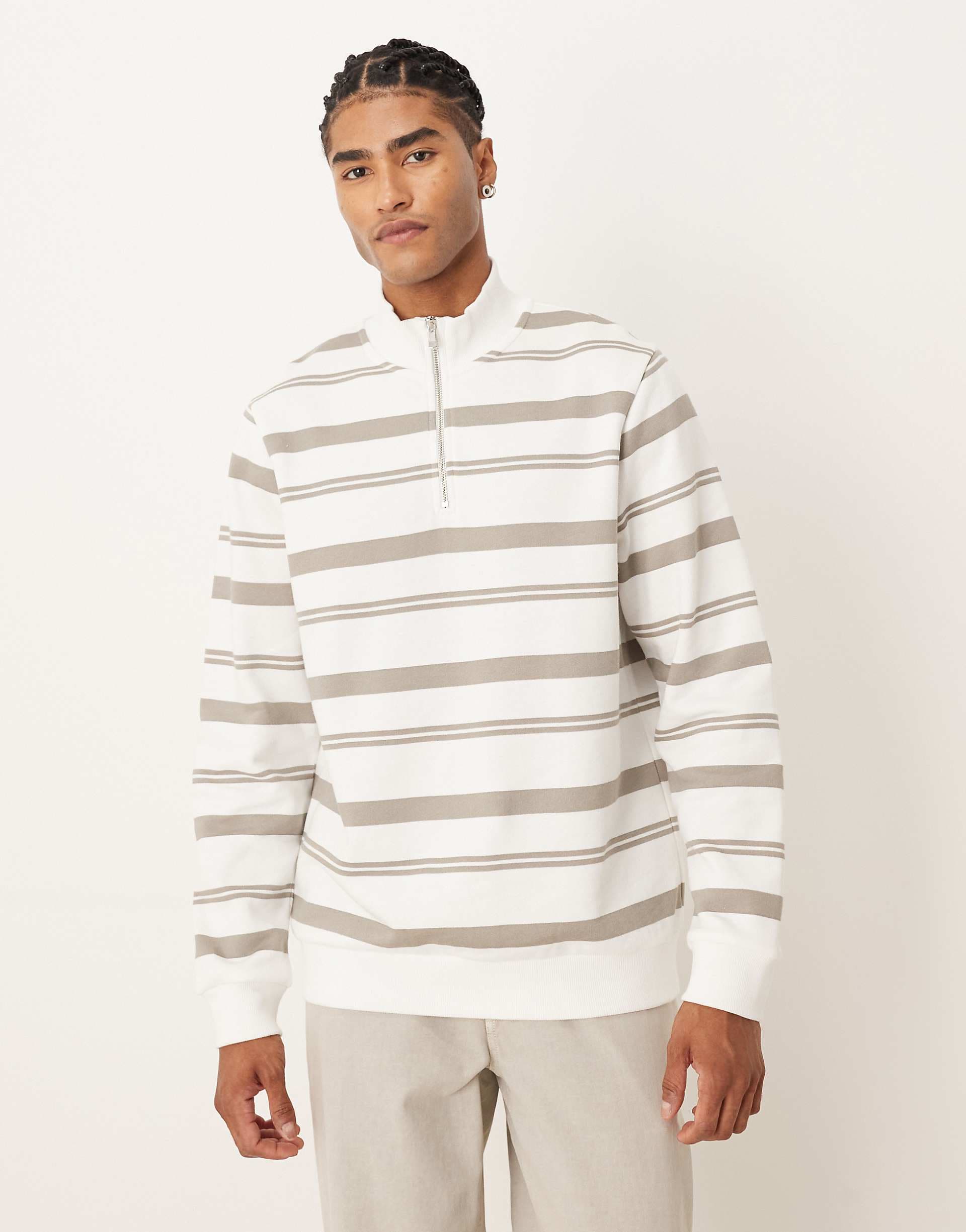 ASOS DESIGN quarter zip sweatshirt with stripes in ecru