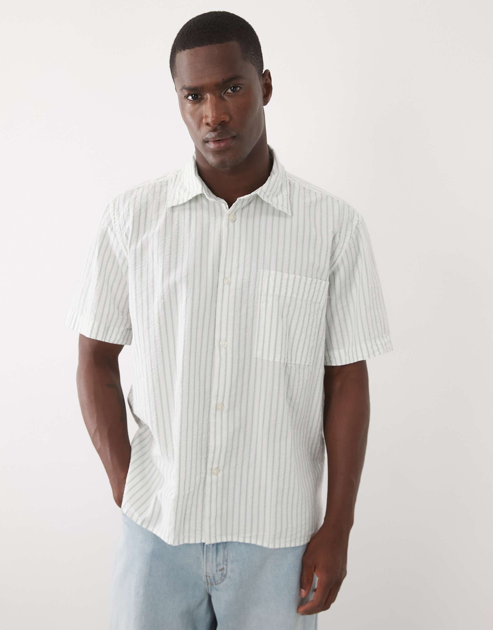 Selected seersucker short sleeve shirt in cream stripes