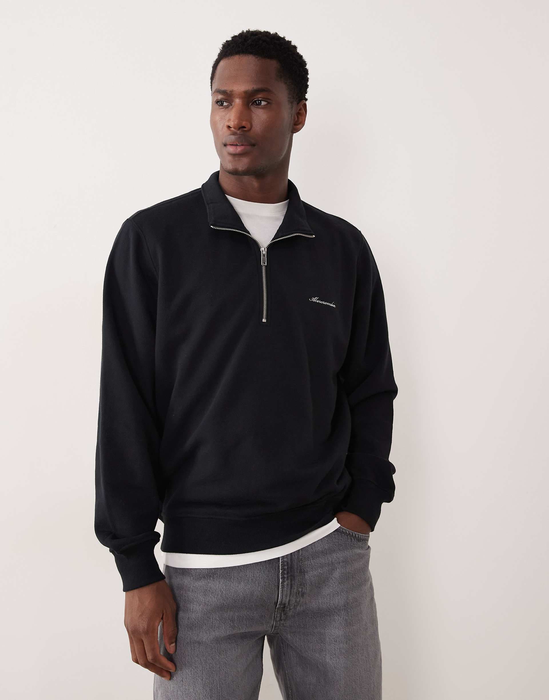 Abercrombie & Fitch script logo premium quarter zip sweatshirt in black