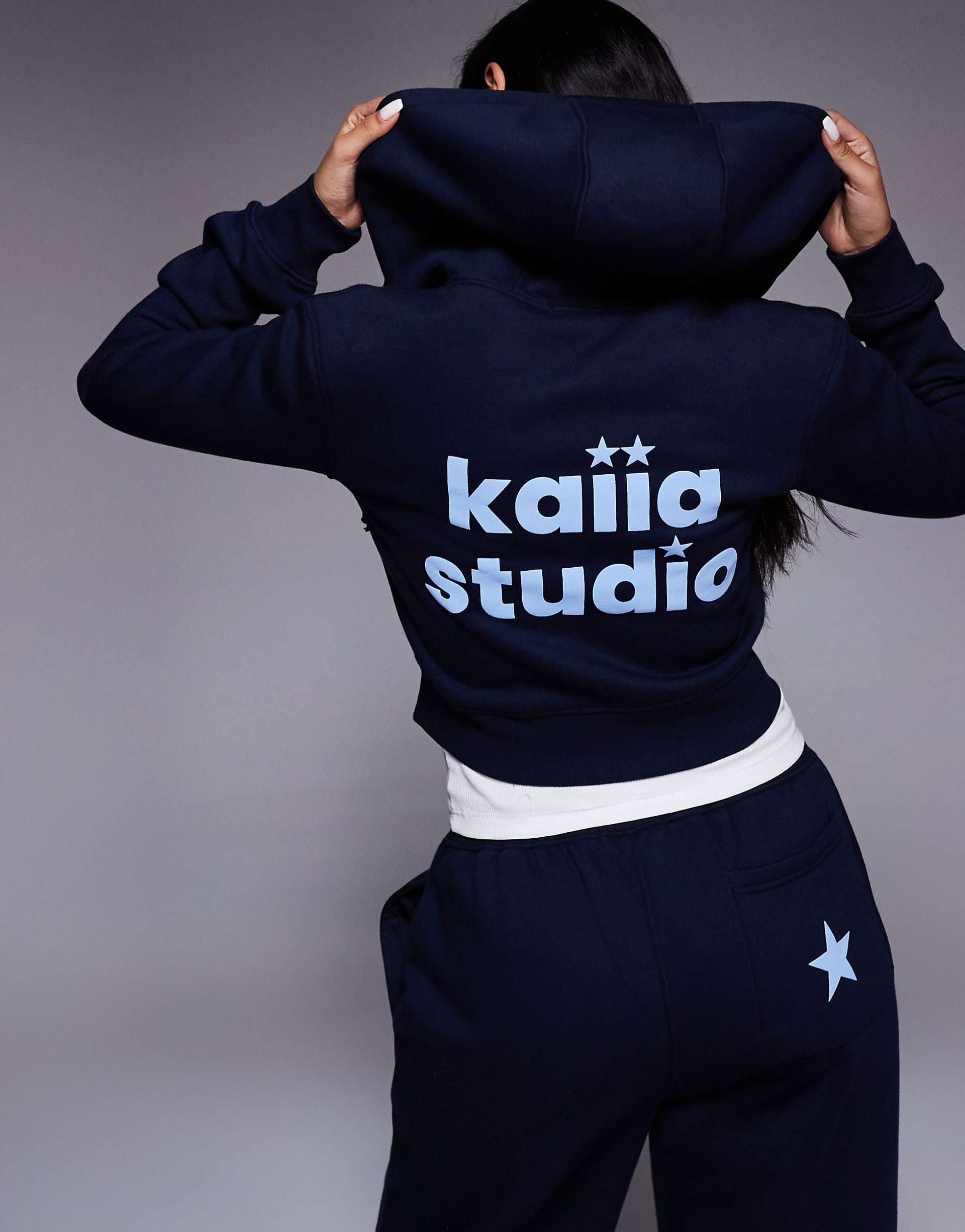 Kaiia Studio cotton rich star logo graphic zip up cropped hoodie in navy - part of a set
