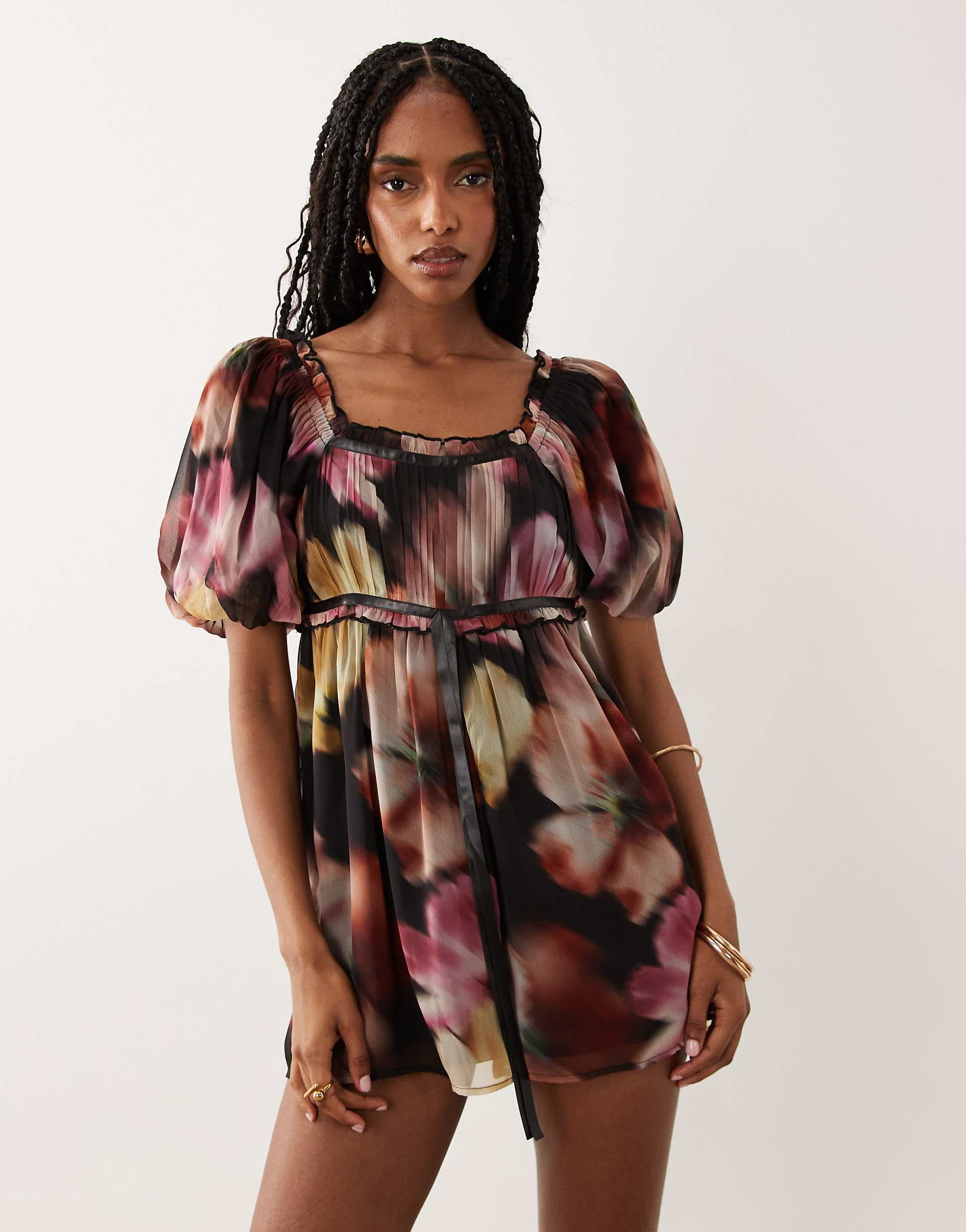 Miss Selfridge chiffon ribbon milkmaid romper in blurred floral