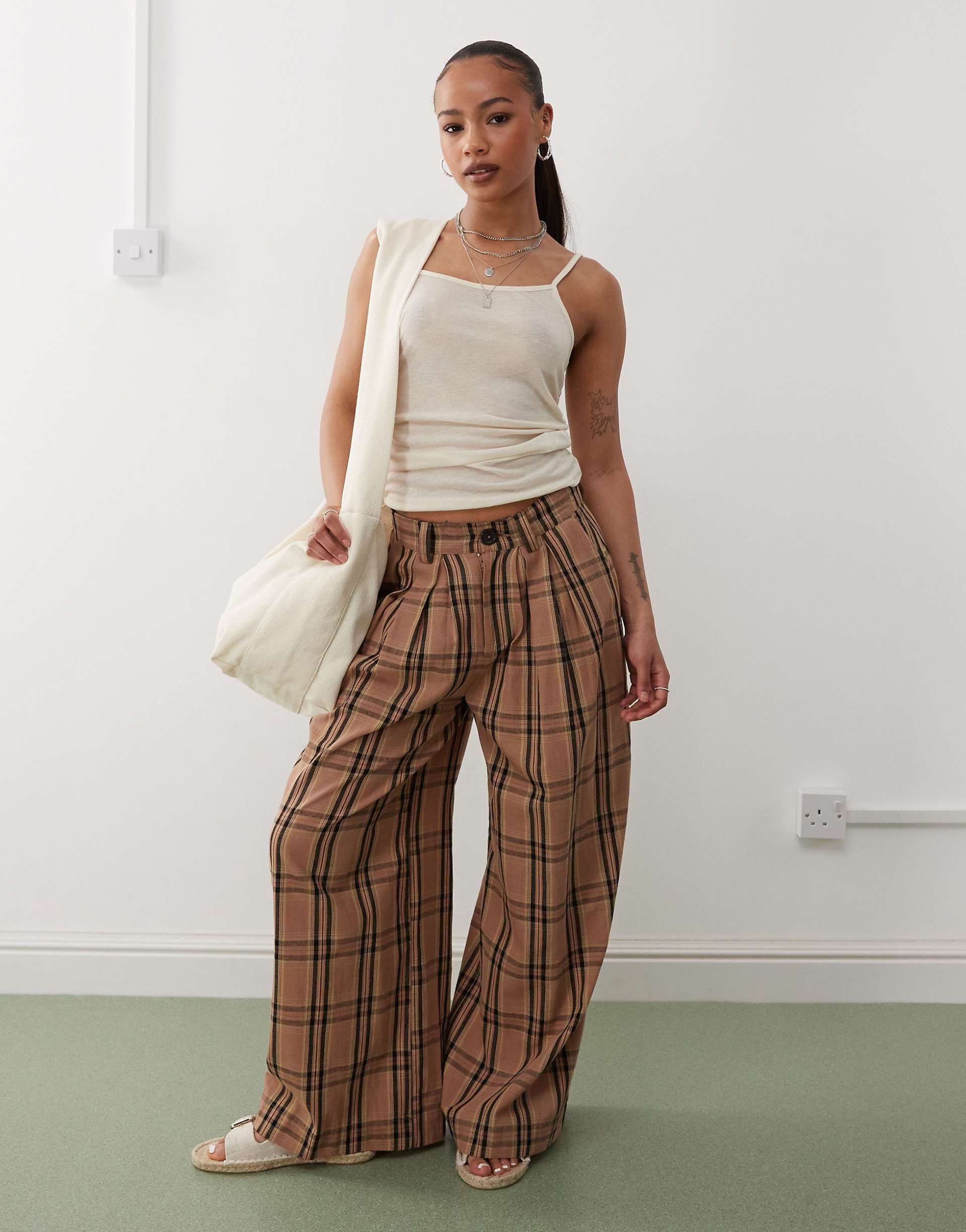 Noisy May Petite high waist wide leg pants with pleat details in brown plaid