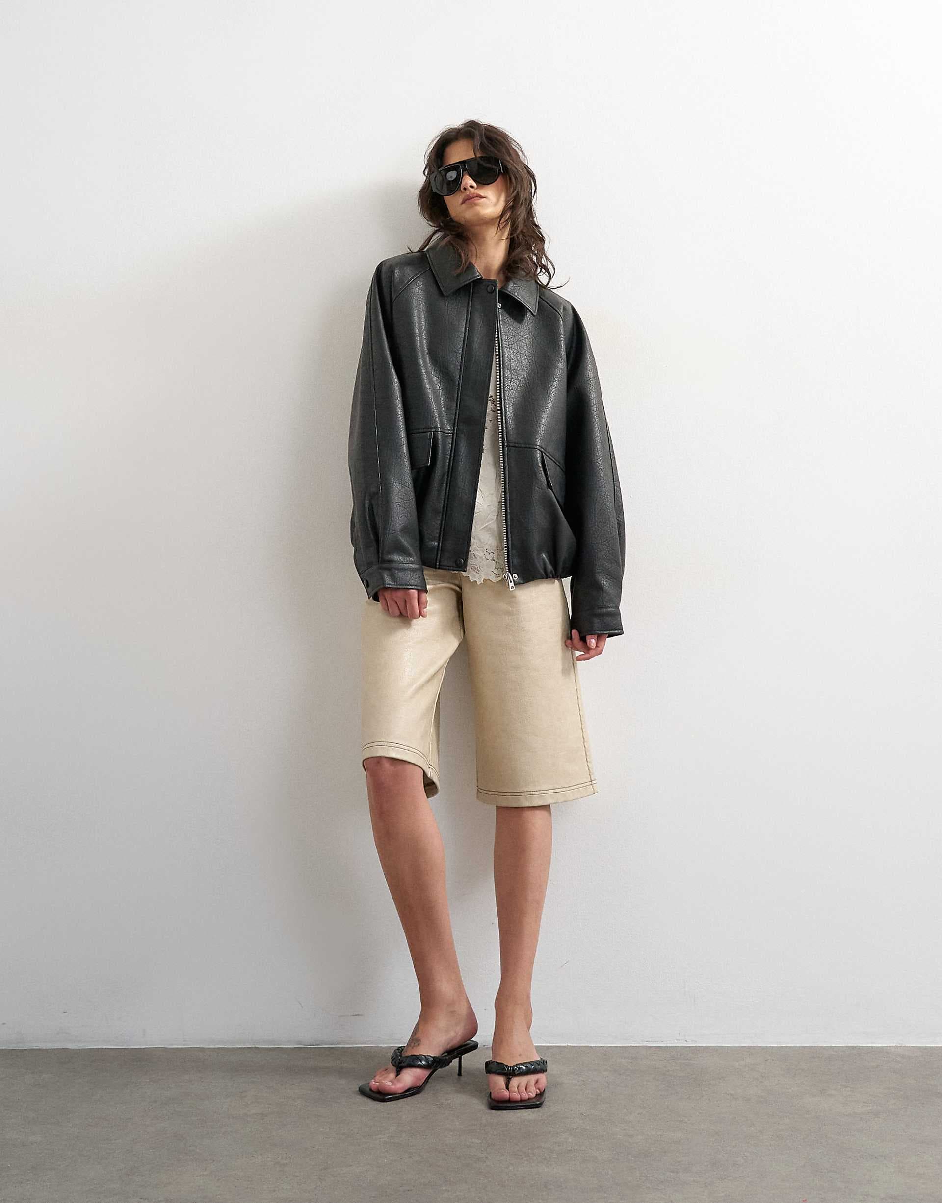 Topshop faux leather bomber jacket in black