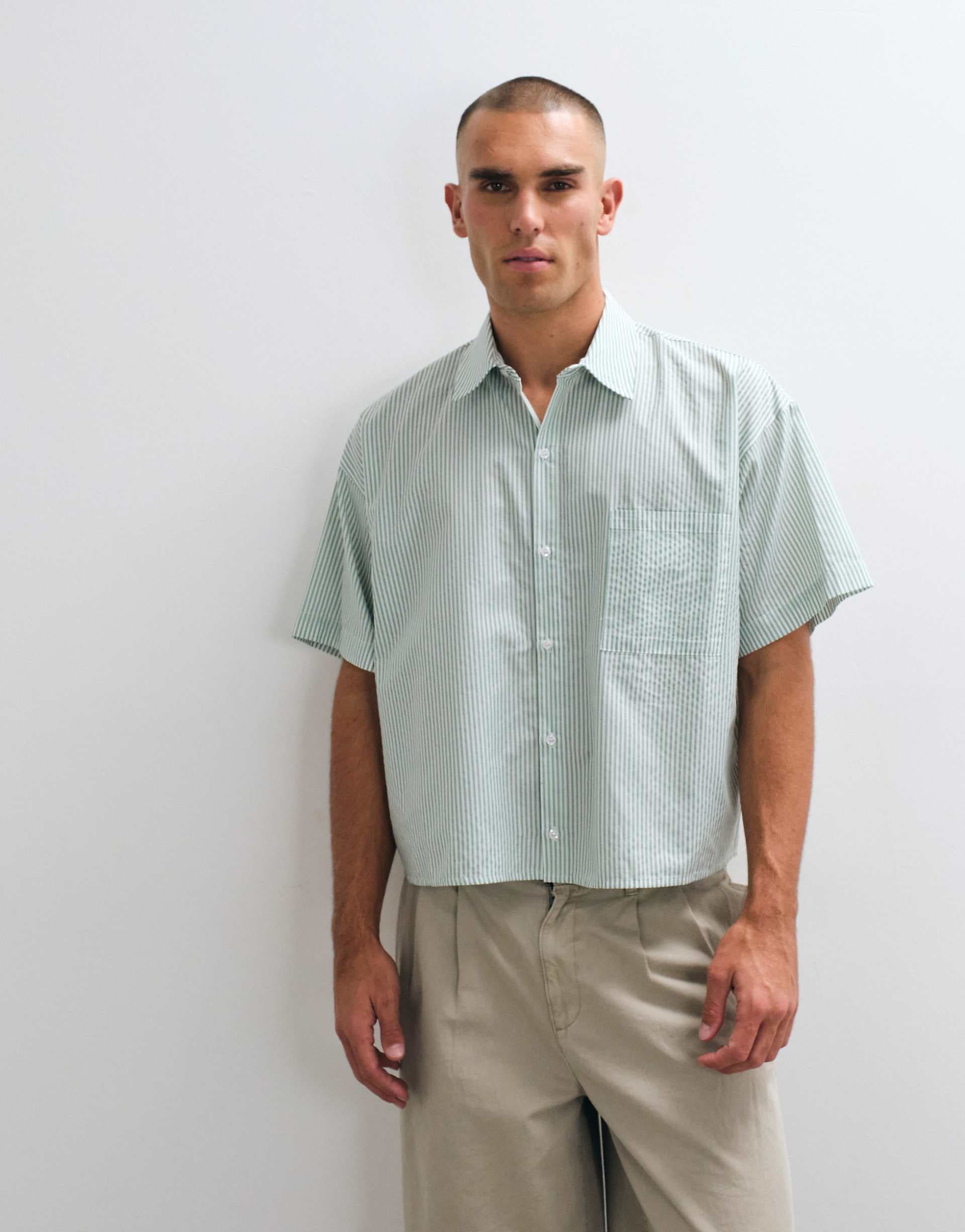 Reclaimed Vintage short sleeve boxy shirt in khaki striped print