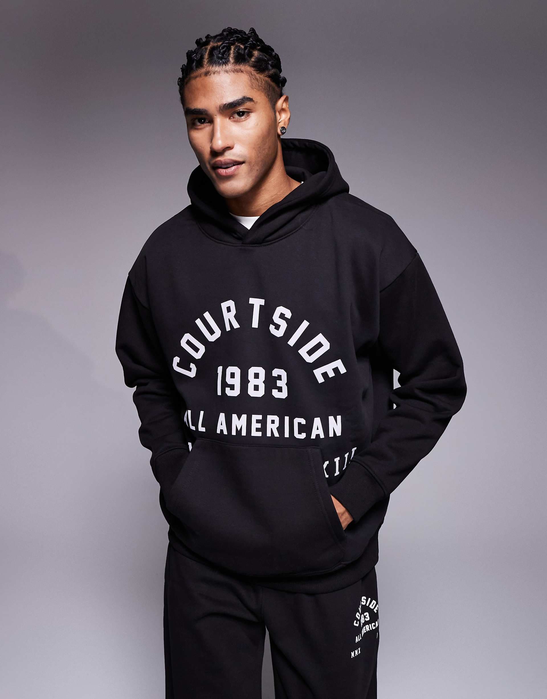 Courtside oversized pullover hoodie in black with collegiate print - part of a set