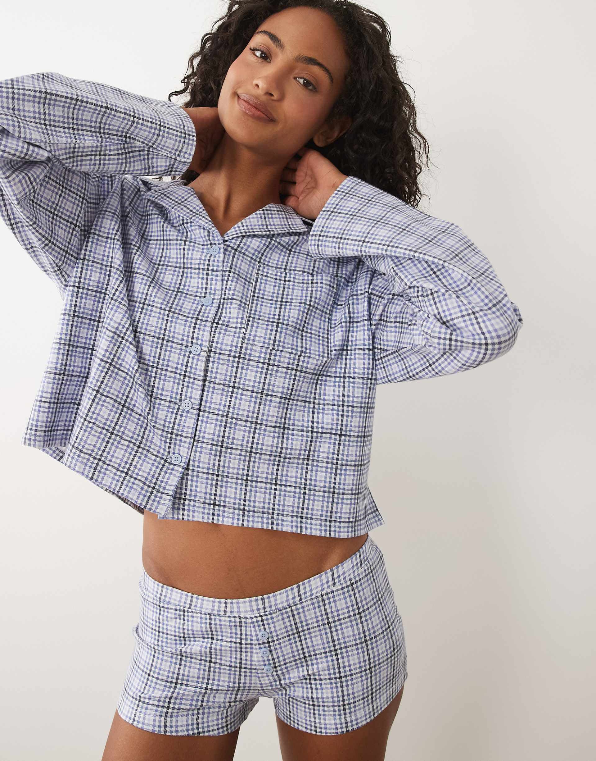 Cotton On pajama soft boxy button down shirt with matching shorts in blue micro check
