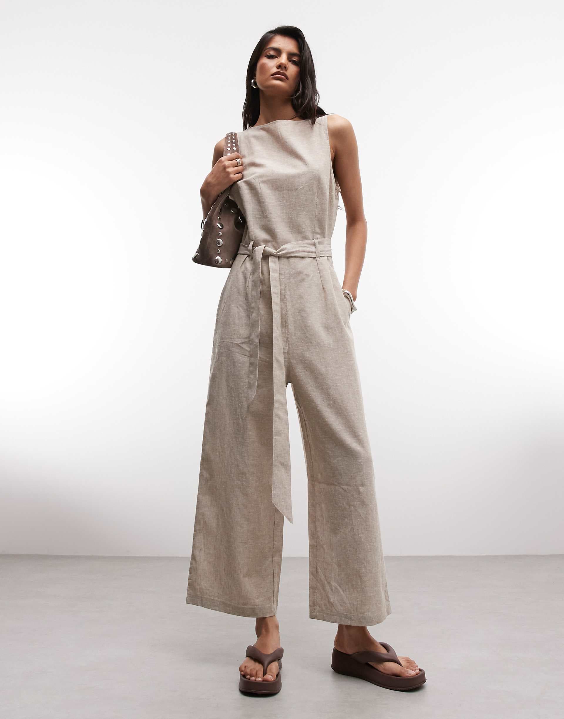 Monki linen blend sleeveless wide leg jumpsuit with tie belt detail in beige