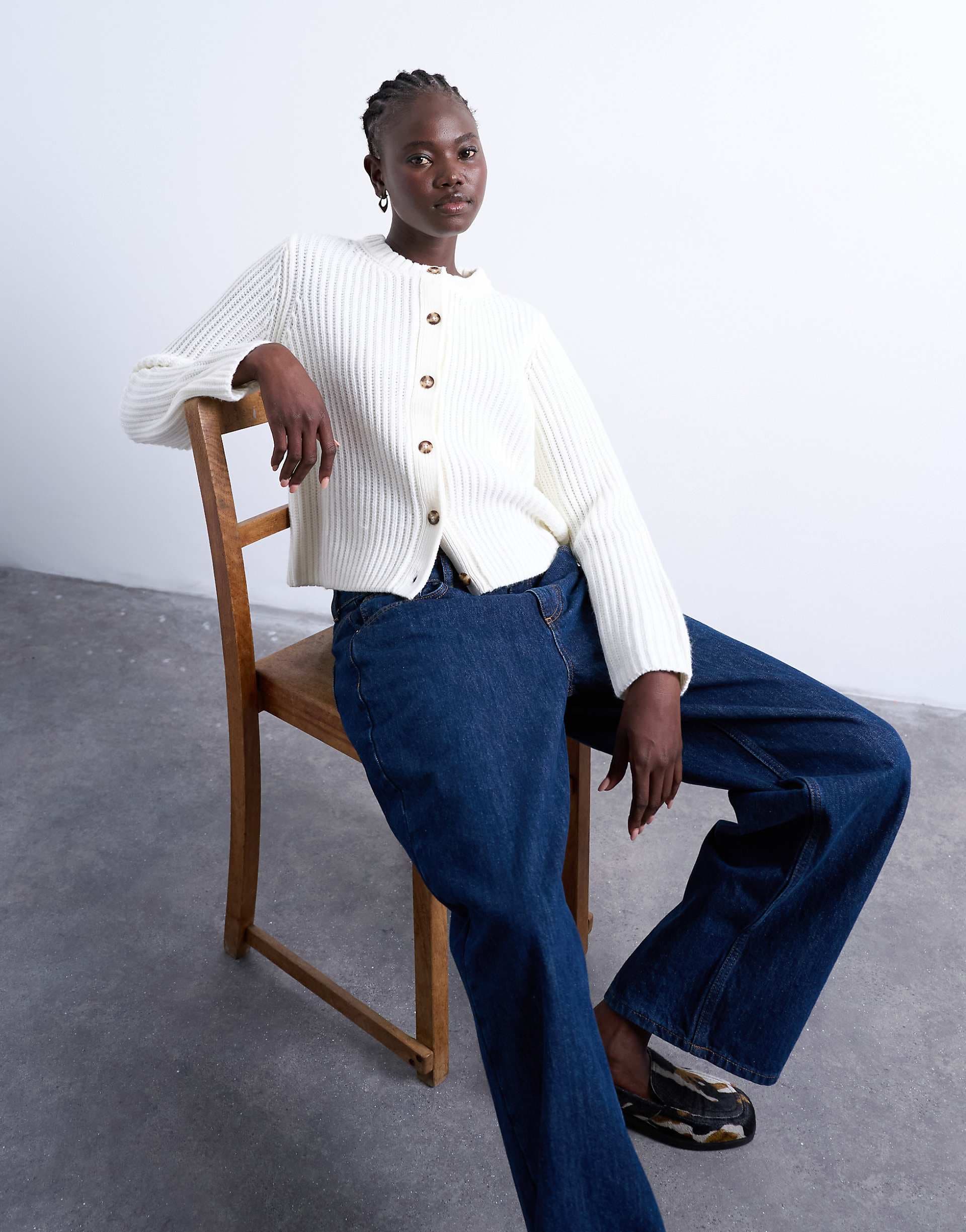 Topshop knit ribbed crew relaxed button cardigan in white