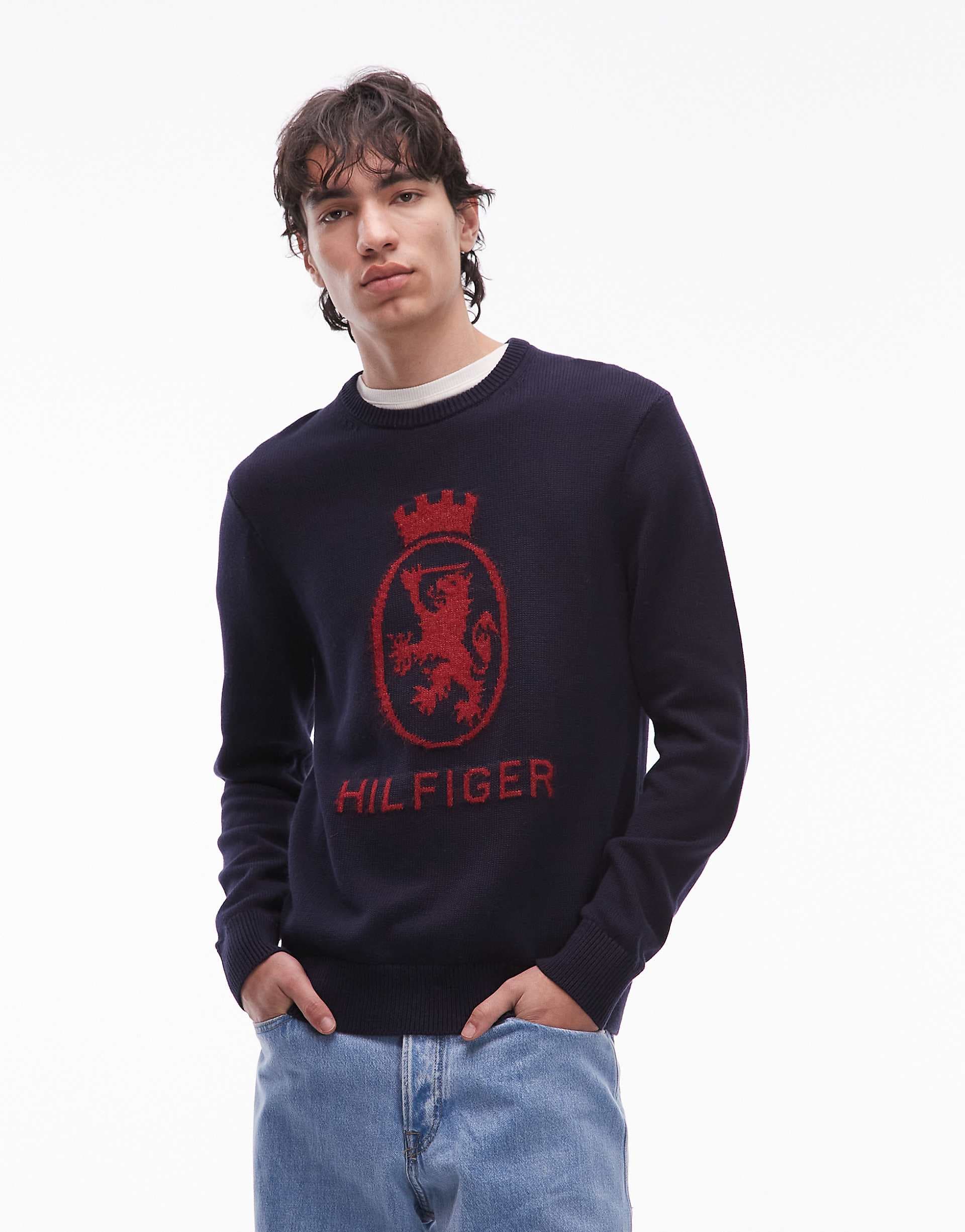 Tommy Hilfiger crest sweater in navy and red