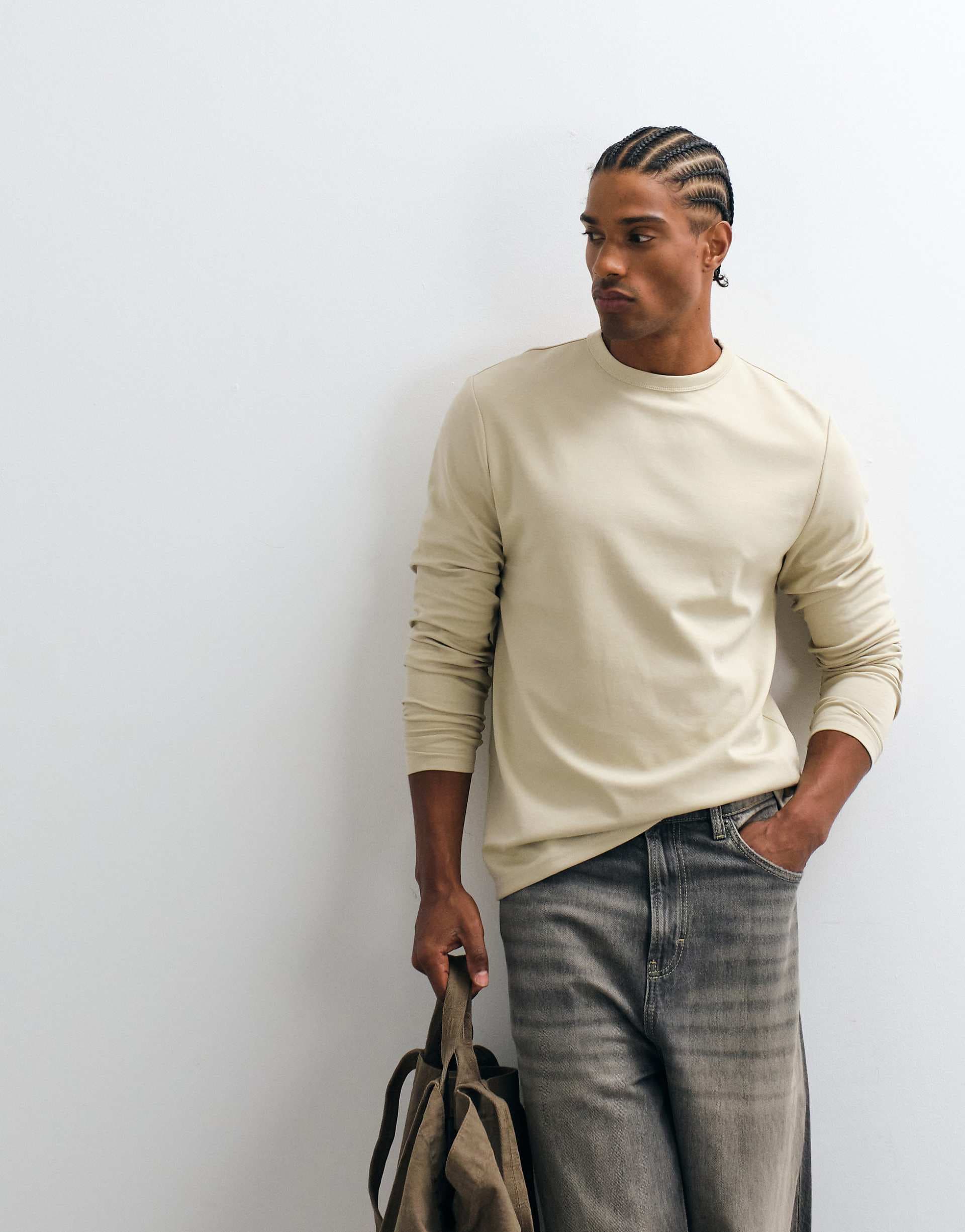 ASOS DESIGN breatheMAX™ heavyweight regular fit cotton blend long sleeve T-shirt in stone