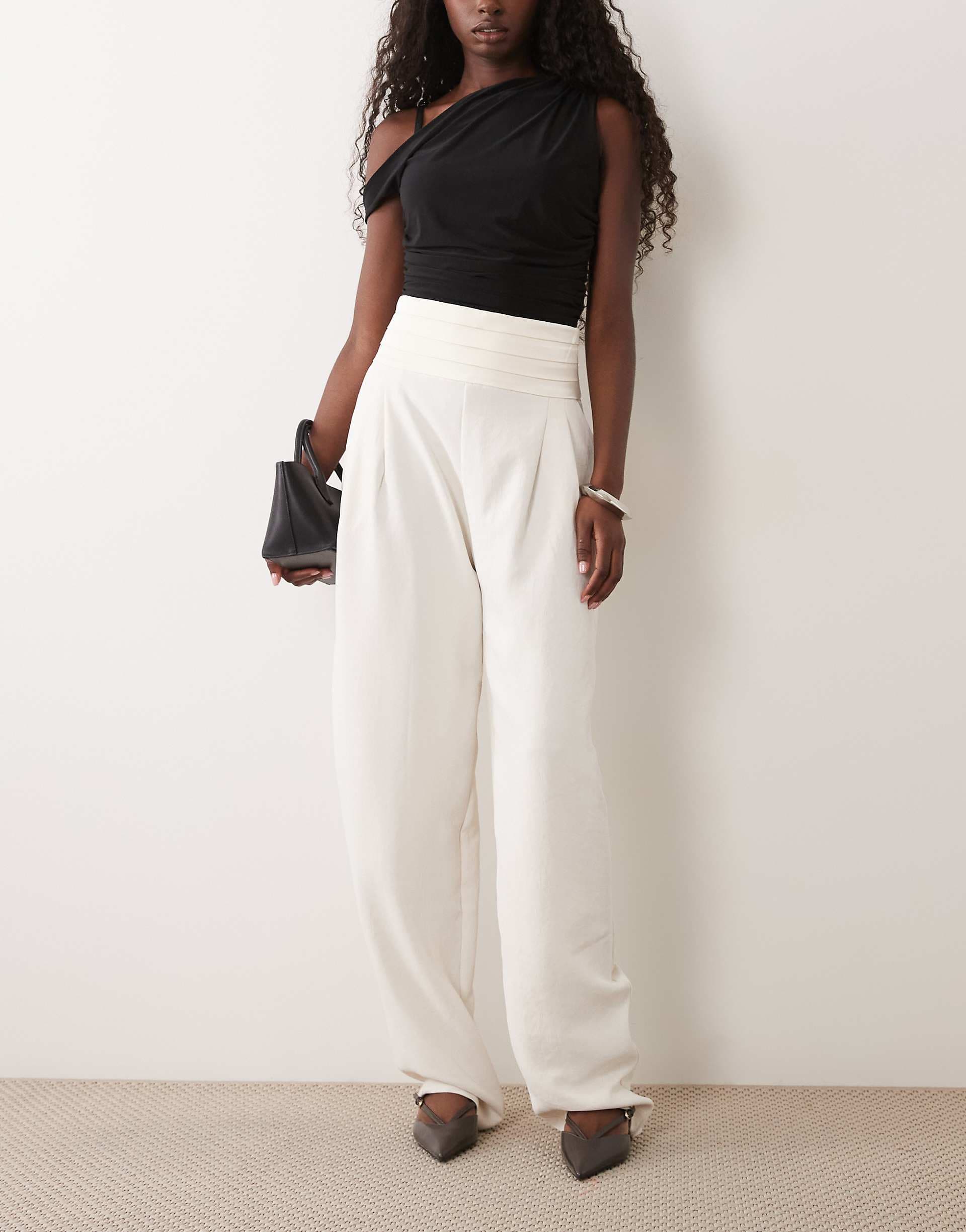 ASOS DESIGN tailored tuxedo pants with wrap waist in cream