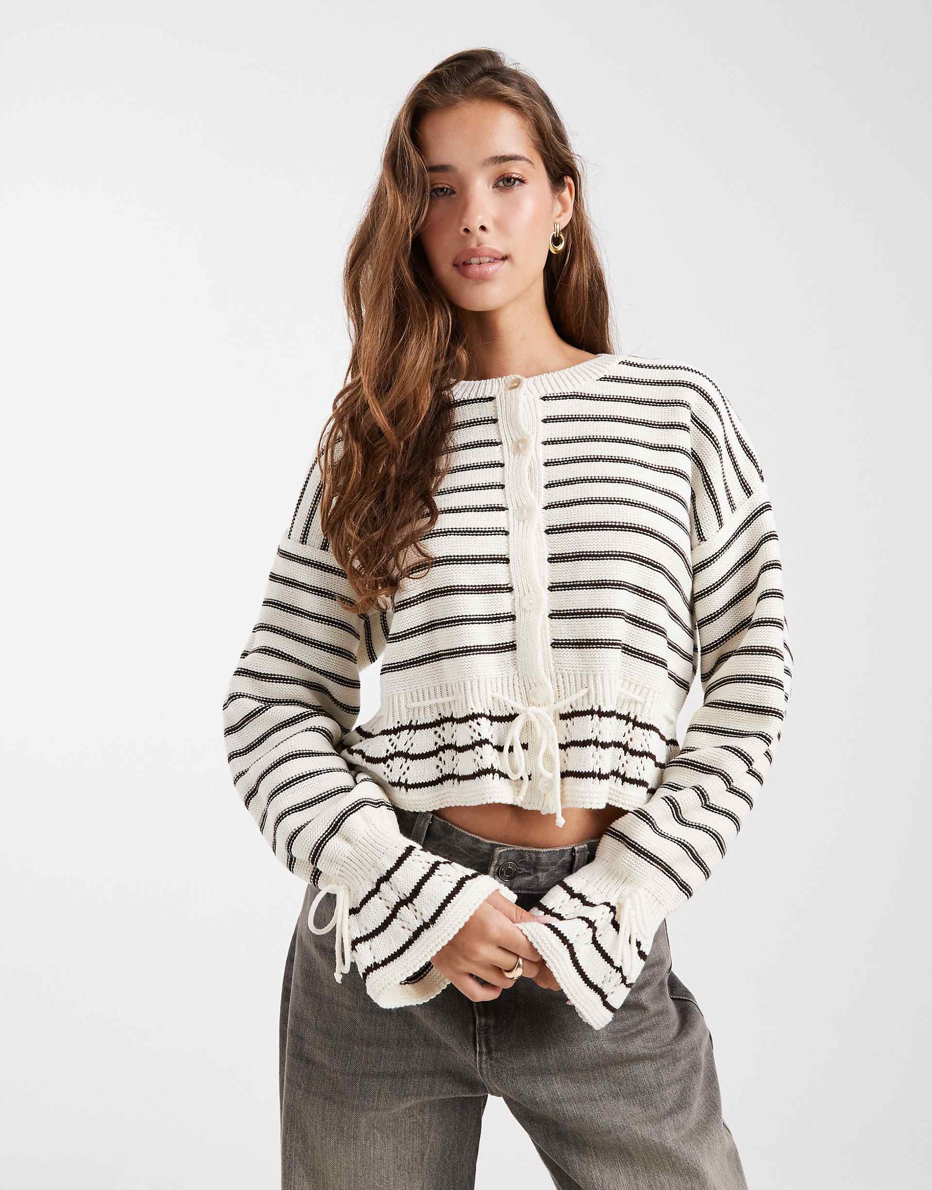 Miss Selfridge knit tie waist striped cardigan