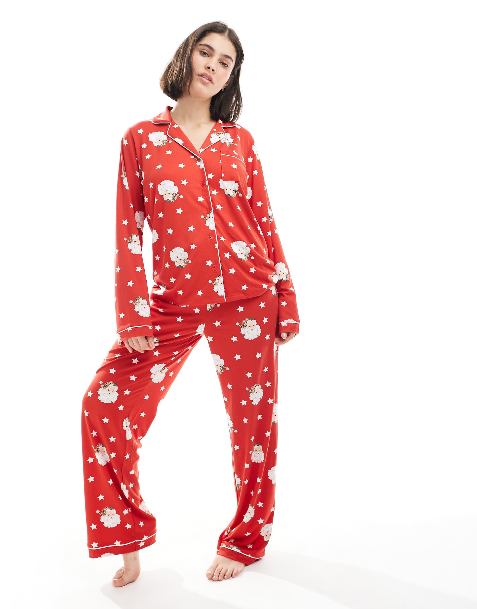 Loungeable Christmas super soft jersey revere top and wide leg pants pajama set in red Santa print
