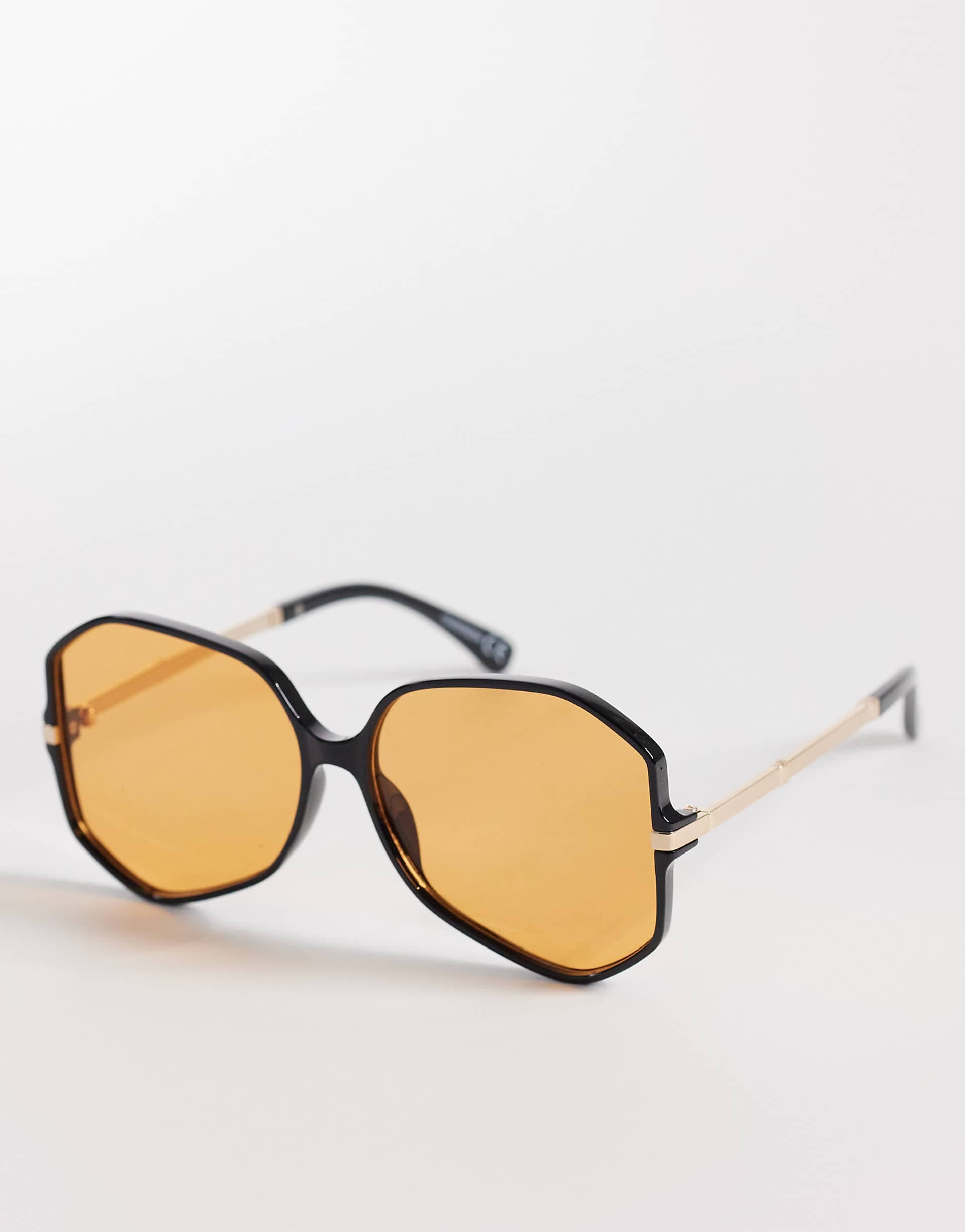 ASOS DESIGN skinny frame angular 70's sunglasses with orange lenses
