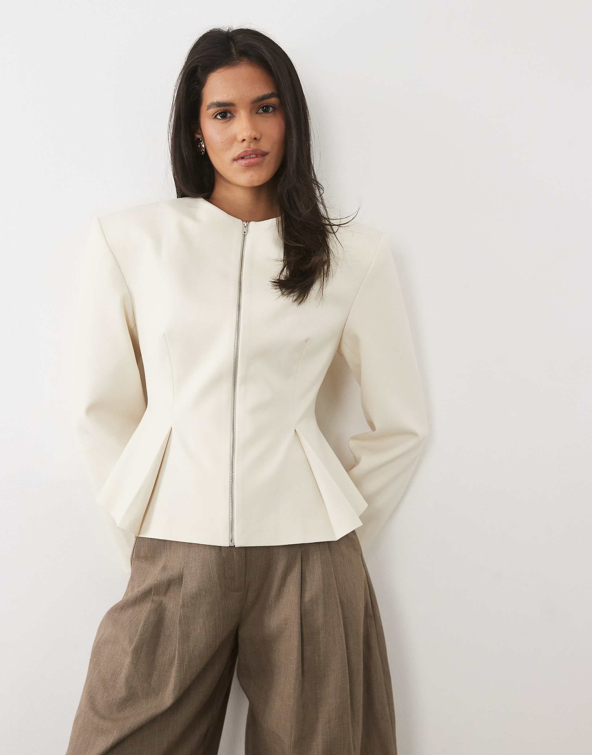 Miss Selfridge tailored power shoulder peplum blazer in ivory