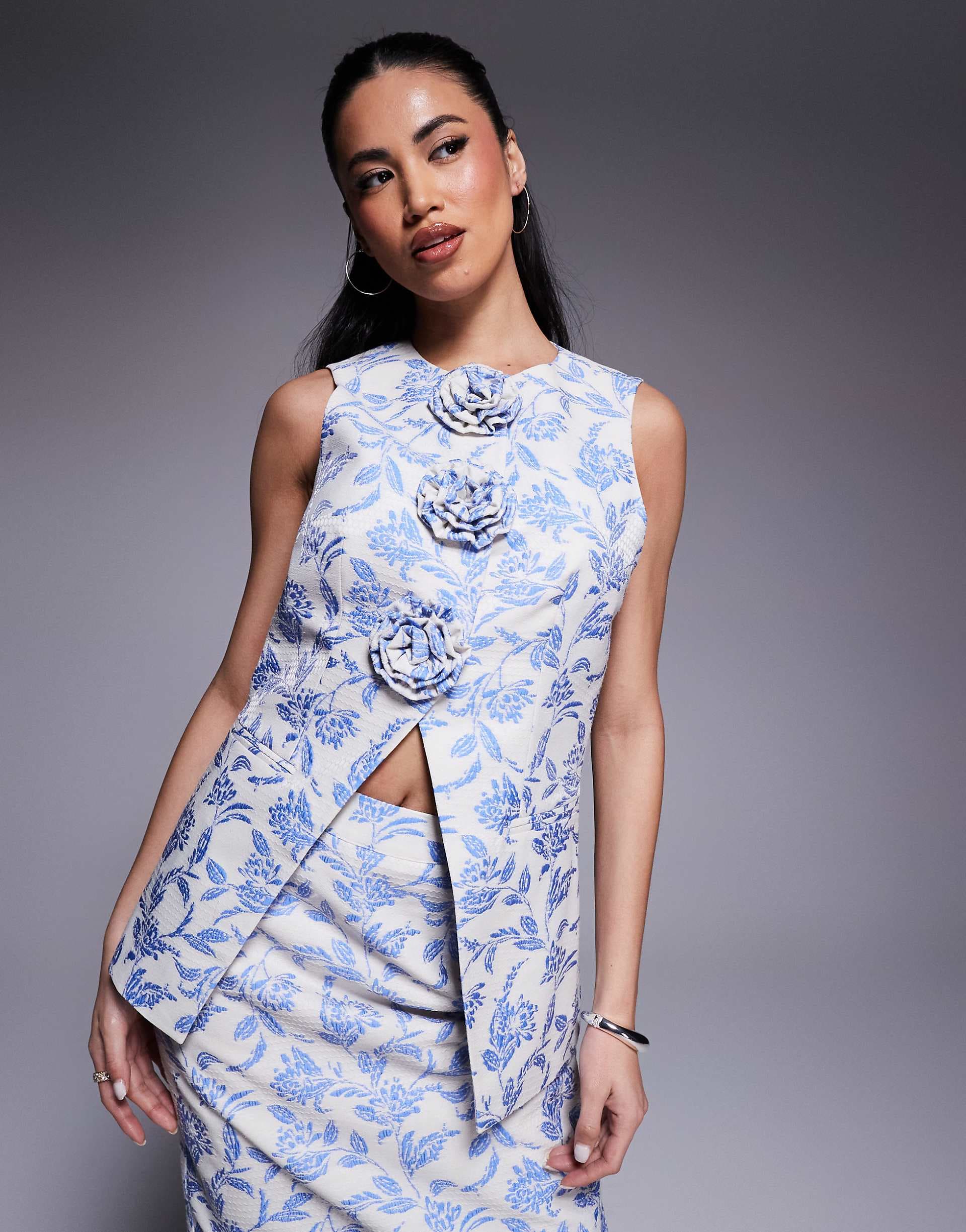 ASOS LUXE jacquard vest with 3D flowers in blue tapestry floral - part of a set
