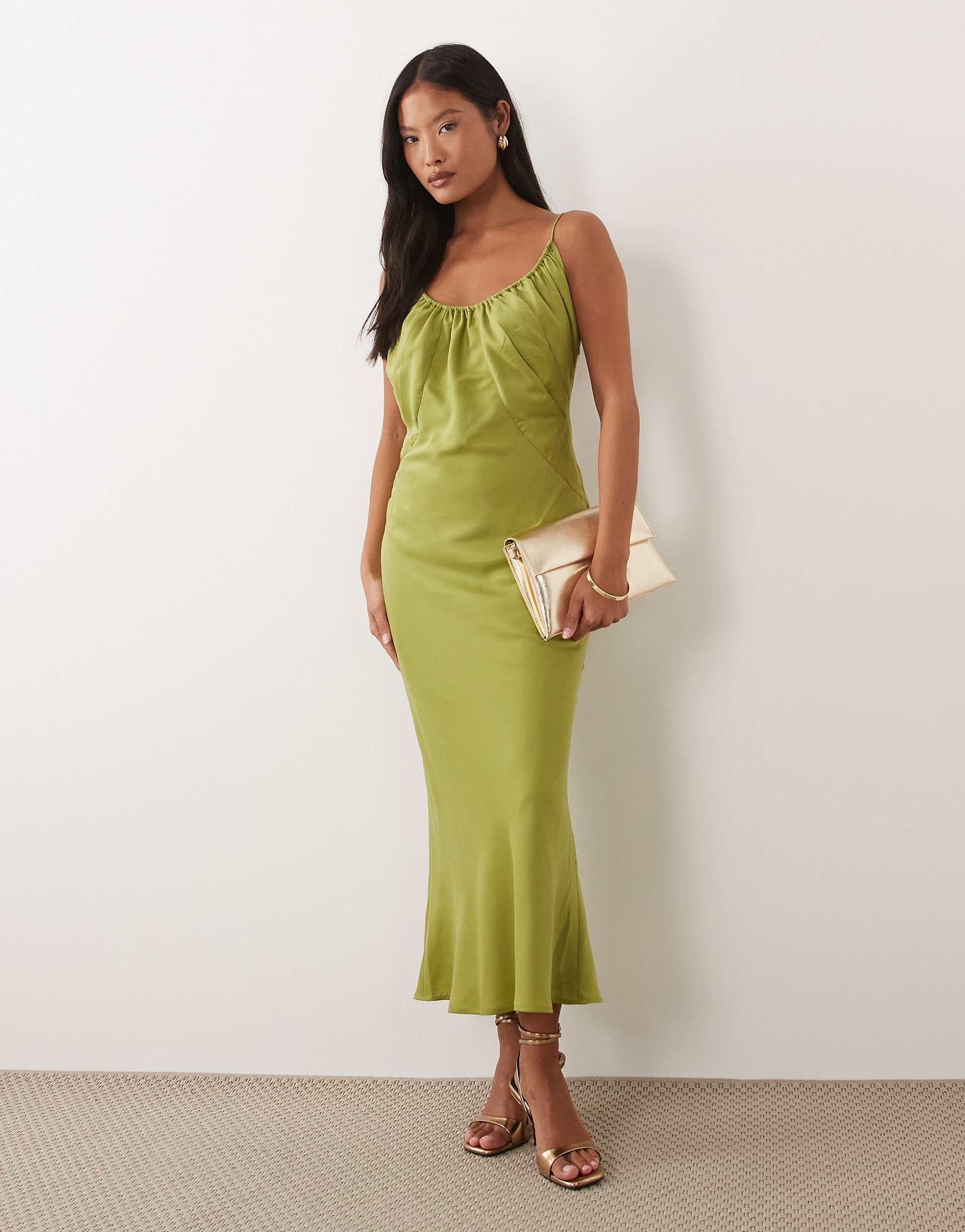 ASOS DESIGN Petite scoop neck bias cut midaxi dress in olive green