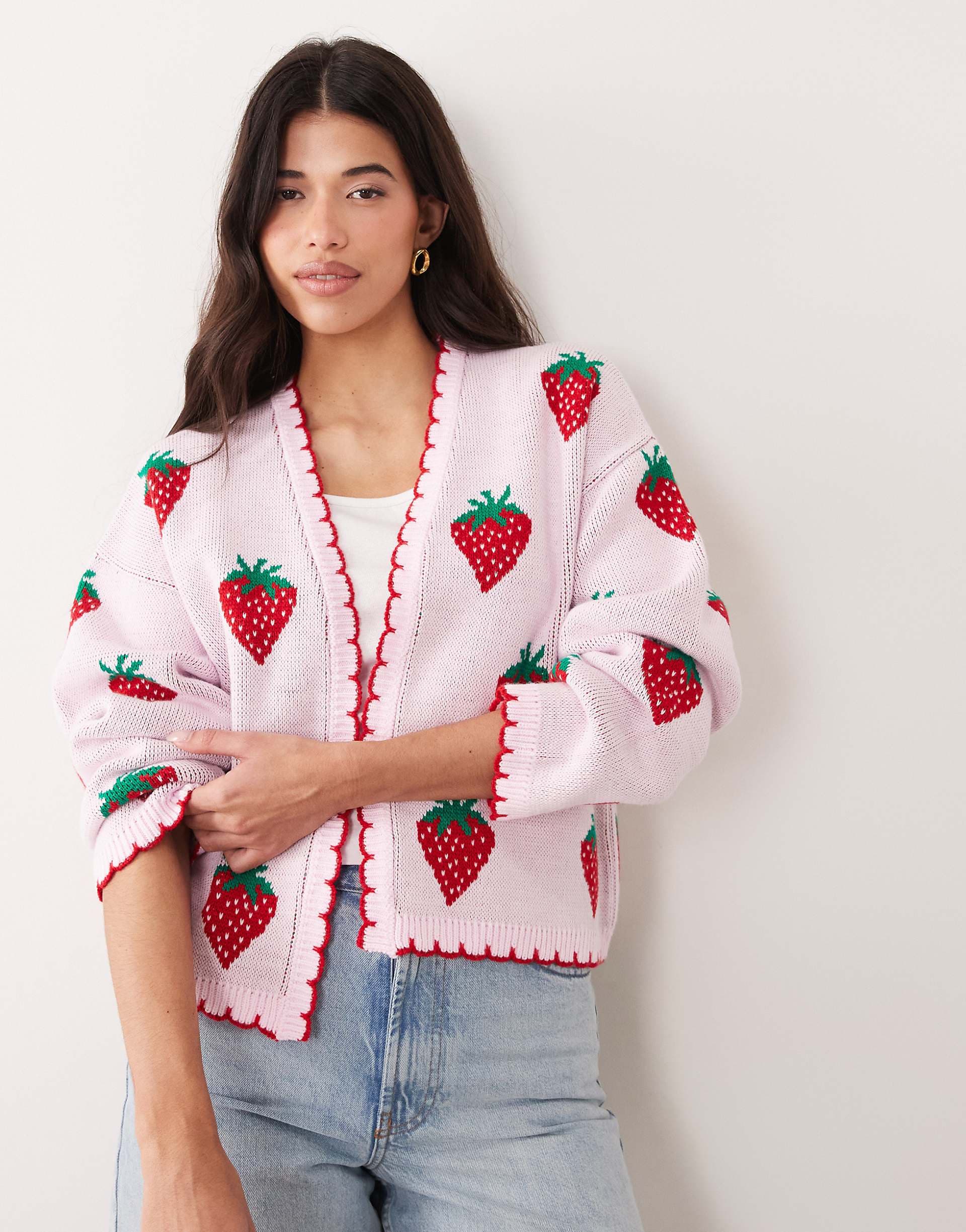 Miss Selfridge edge to edge cardigan with all over Strawberry embroidery