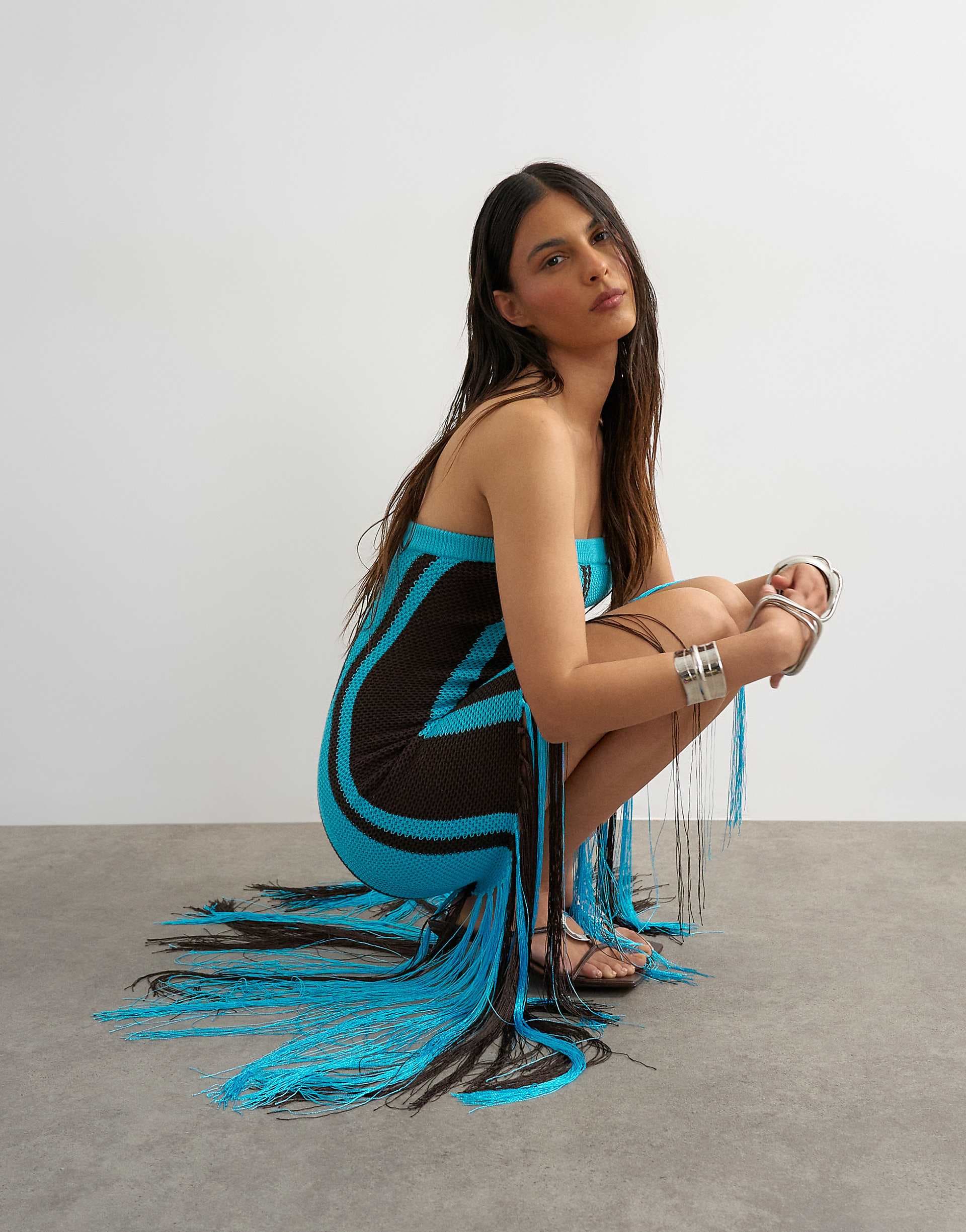 Topshop knitted bold stripe tassel dress in turquoise and brown