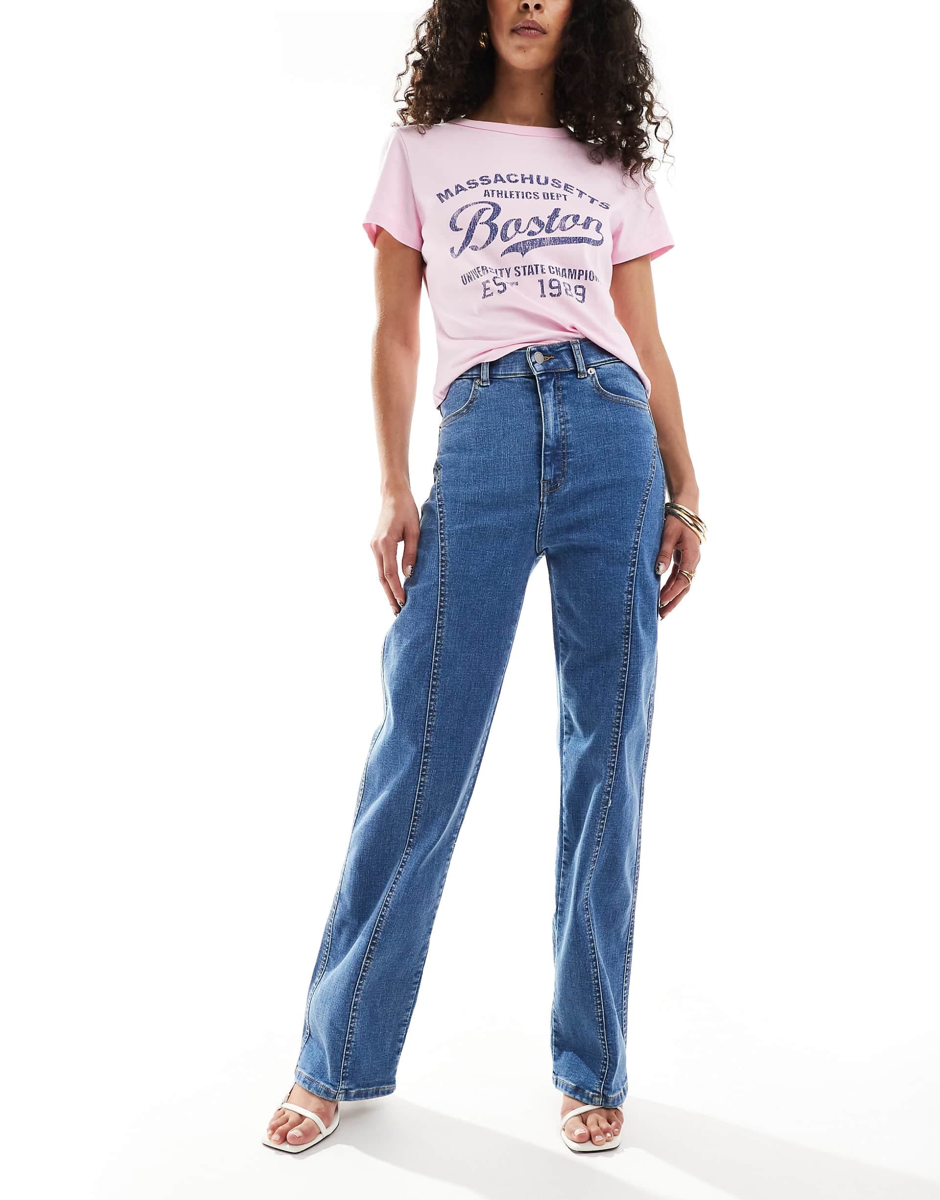 Dr Denim Moxy straight leg curve cut leg jeans in vale sky plain mid wash blue