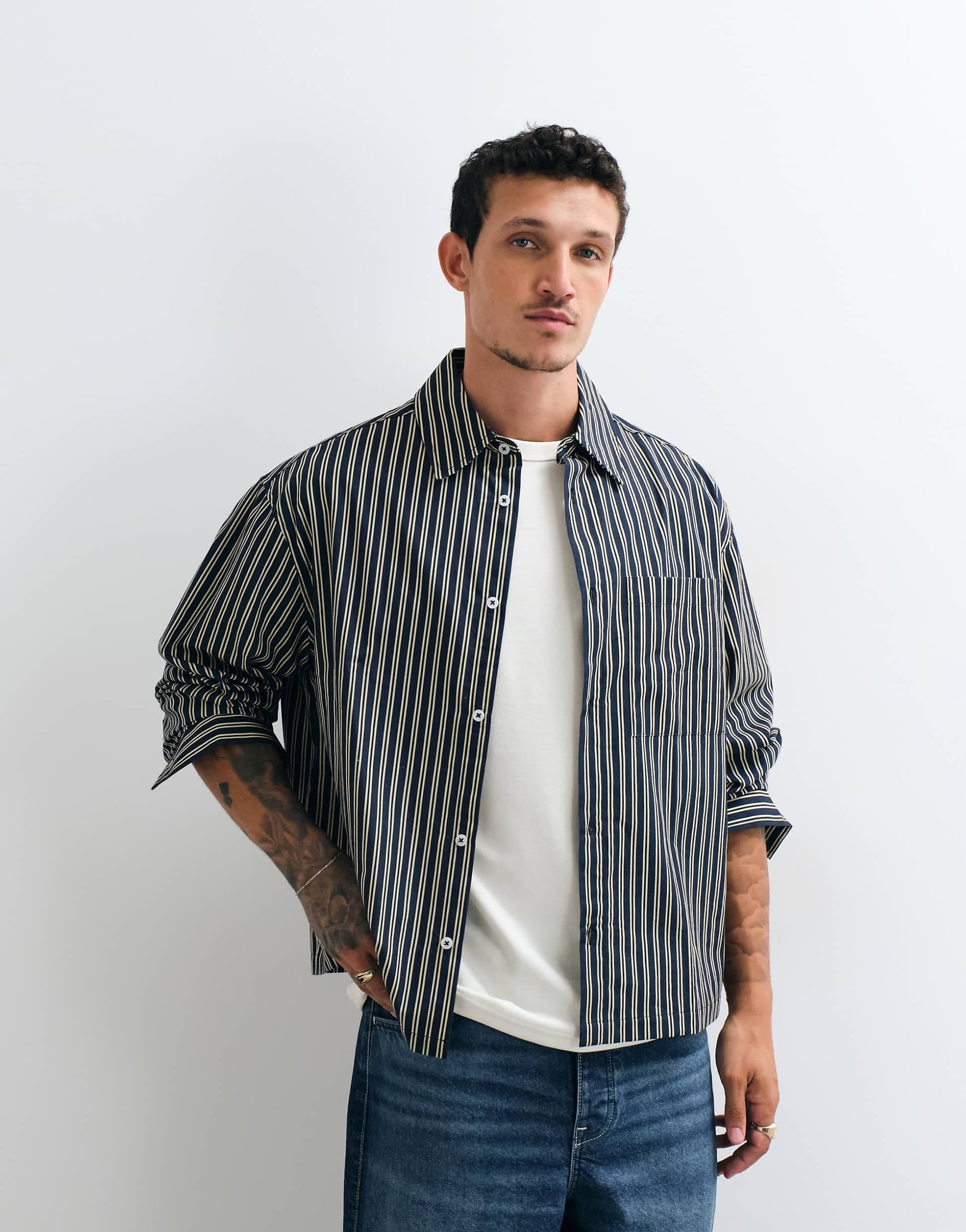ASOS DESIGN boxy oversized poplin striped shirt in navy