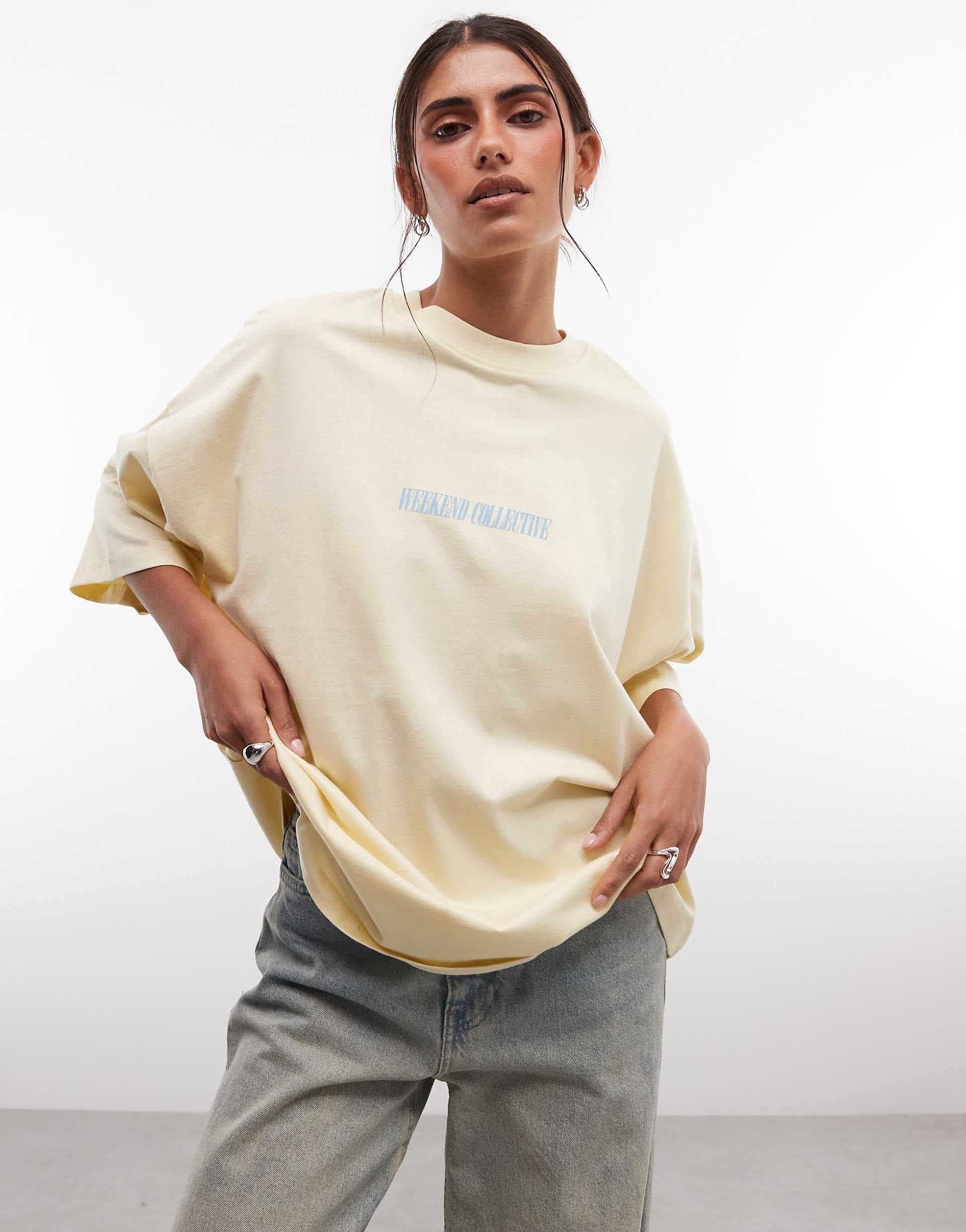 Weekend Collective Icon oversized t-shirt with stacked back logo in yellow with blue print